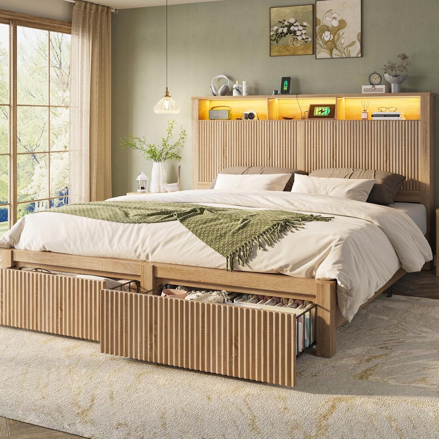 CypBed King Storage Bed Frame | Wood Platform Bed with LED Headboard & Charging Station