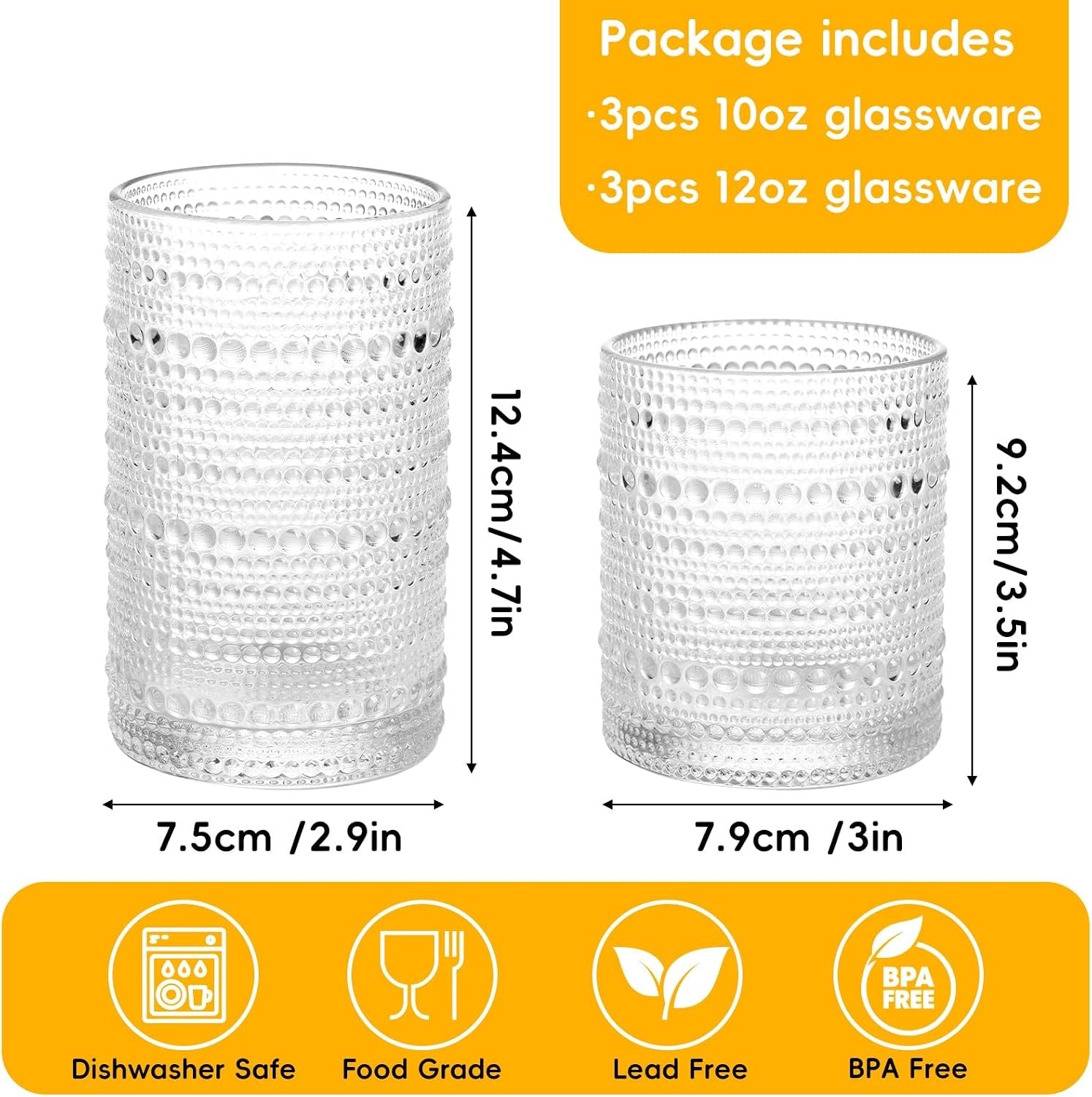 Moretoes Hobnail Drinking Glasses Set of 6 | 12 oz Highball & 10 oz Cocktail Glasses | Vintage Embossed Clear Glassware