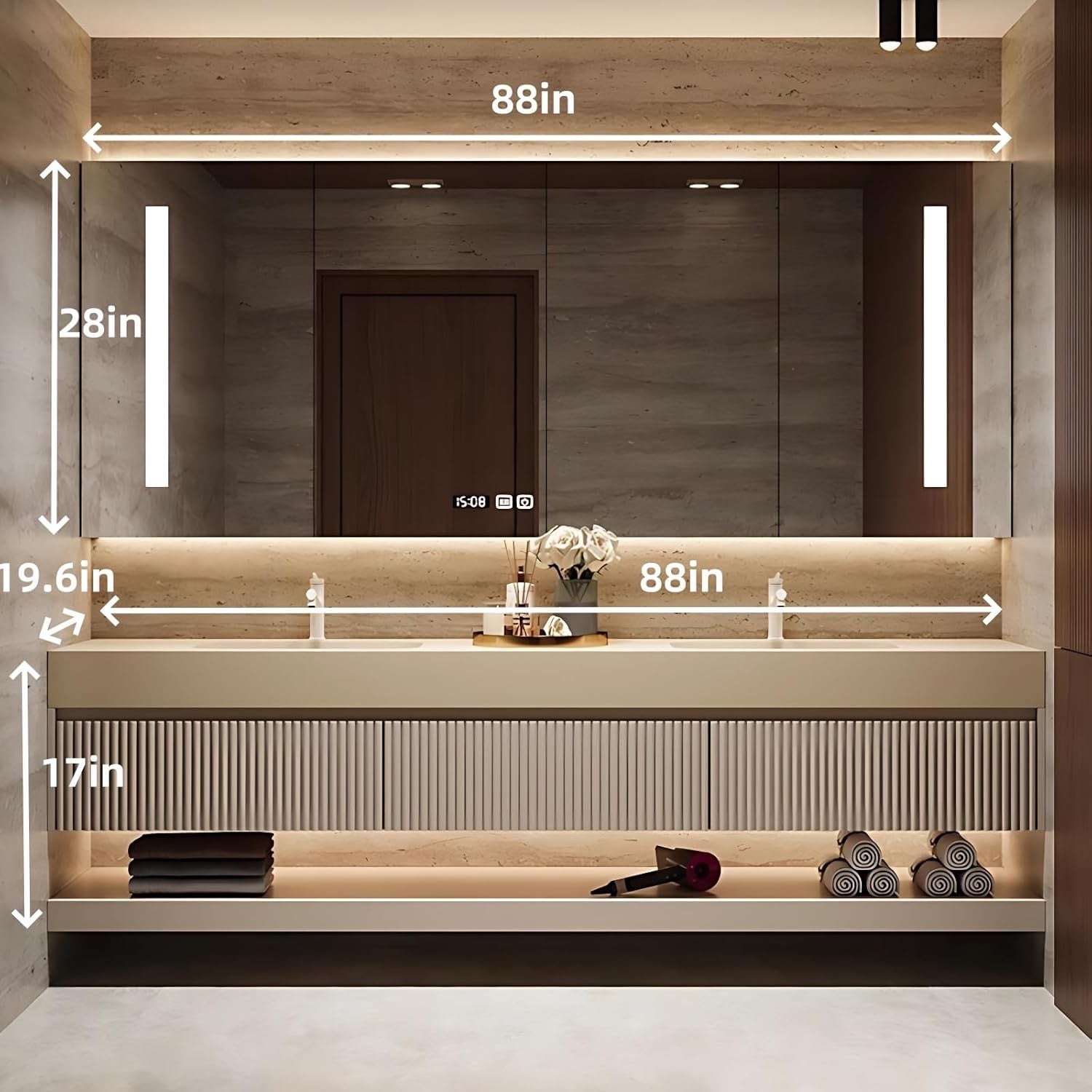Genpai 88" Modern Floating Bathroom Vanity with Double Sinks | Smart LED Mirror & Defog System | Wall-Mounted Storage