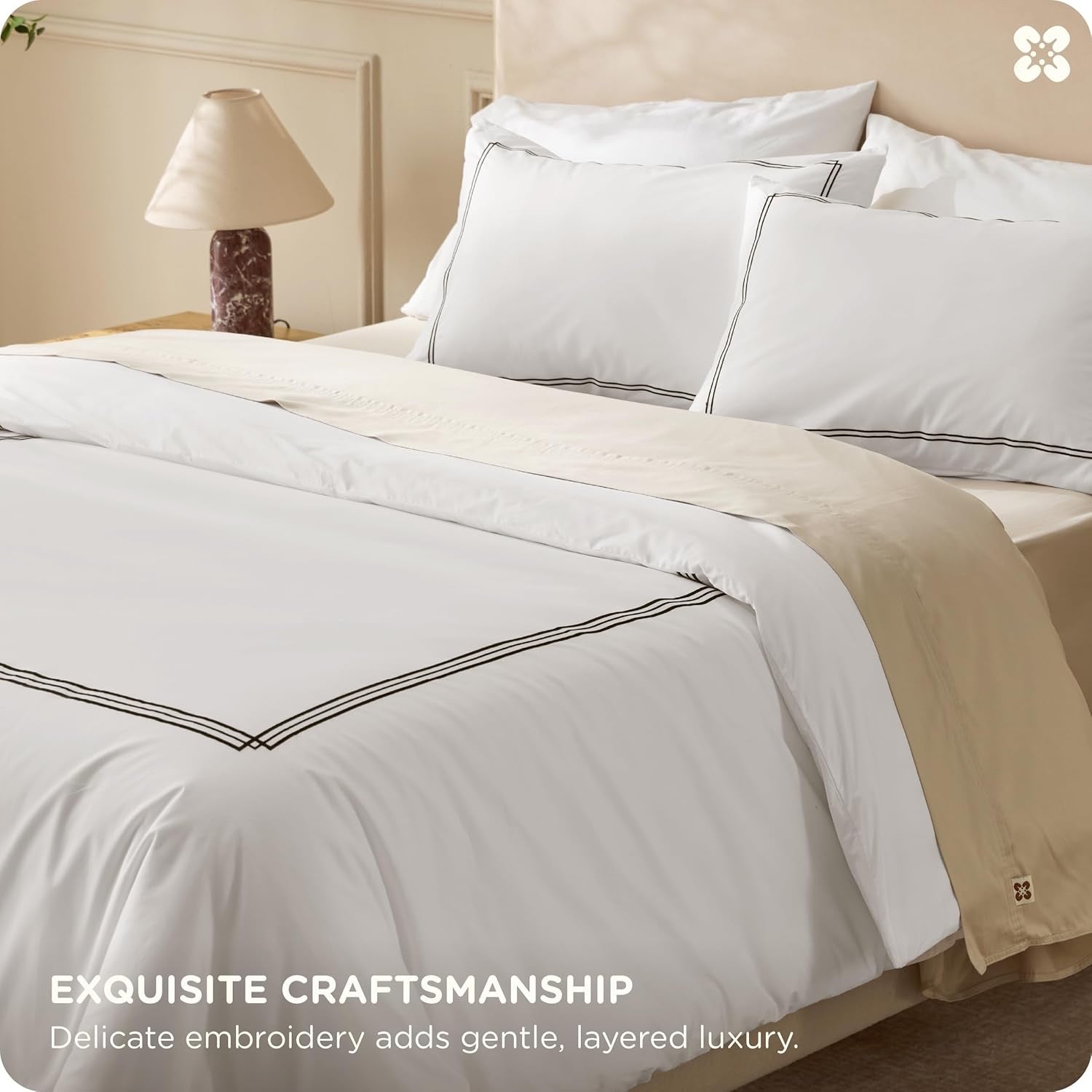 Bedsure Luxury Hotel Cotton Duvet Cover Set | White Frame Embroidery Bedding – Queen