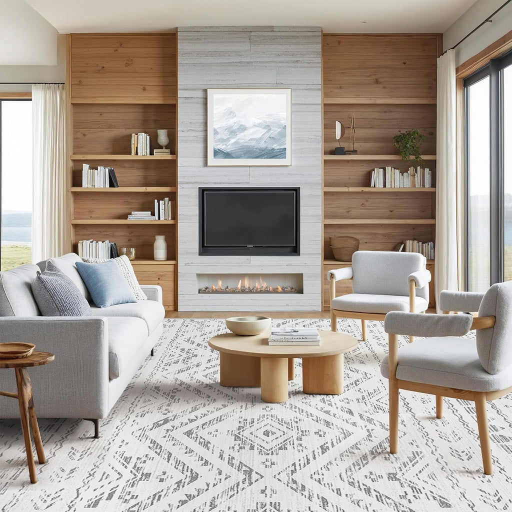 8x10 Moroccan Washable Area Rug | Non-Slip Low Pile Soft Indoor Carpet (Grey)