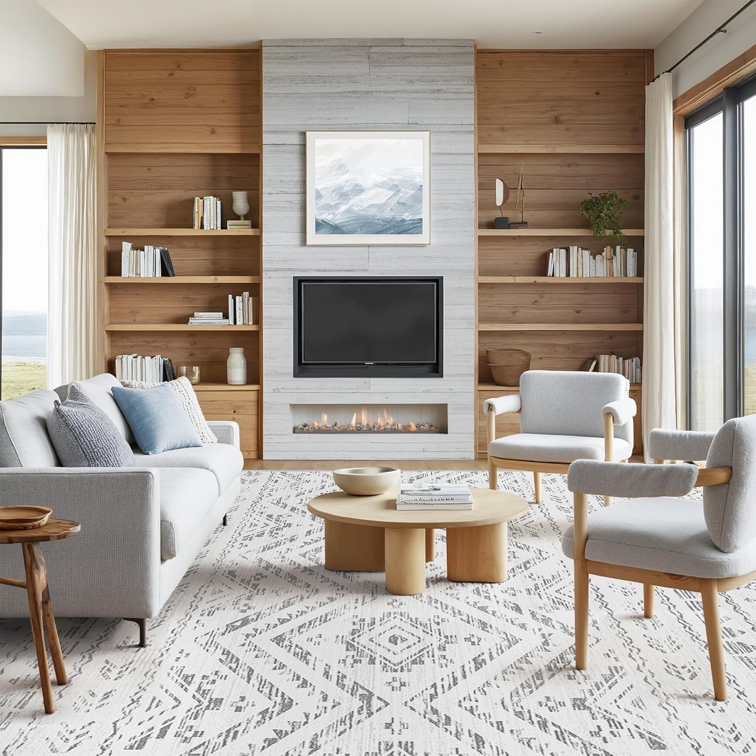 8x10 Moroccan Washable Area Rug | Non-Slip Low Pile Soft Indoor Carpet (Grey)