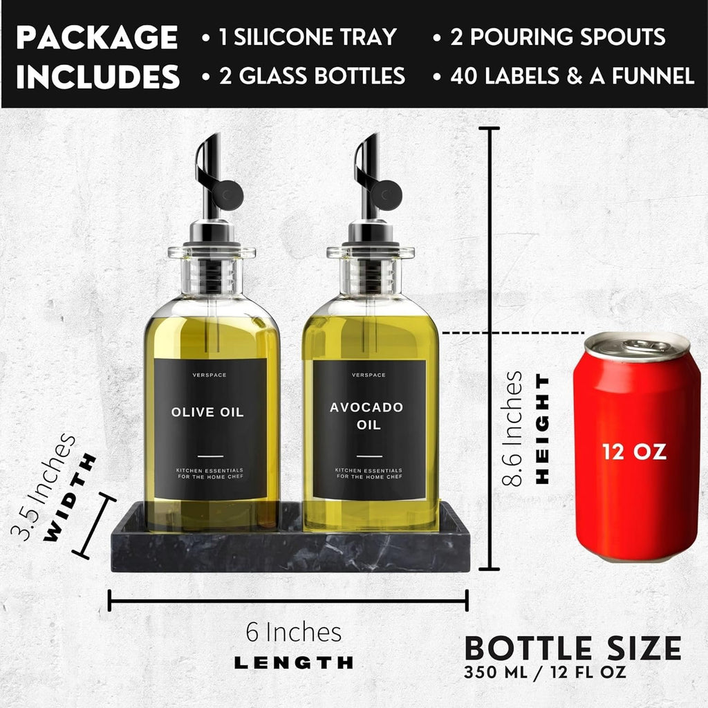 Clear Glass Olive Oil Dispenser Bottles Set of 2 | Kitchen Oil Vinegar Dispenser with Silicone Tray 40 Labels Black