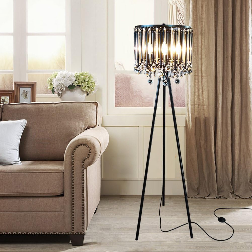 Hsyile Crystal Tripod Floor Lamp | Black 4-Light Modern Luxury Statement Lamp