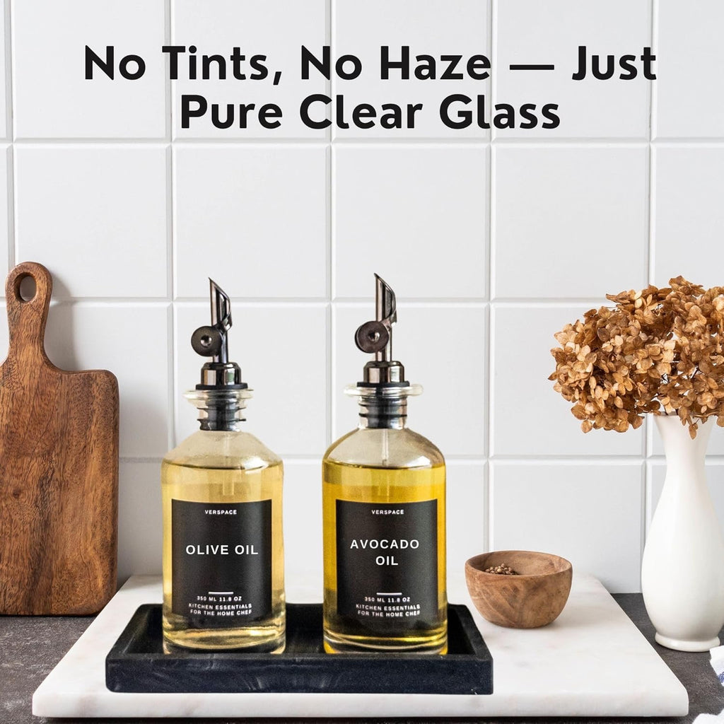 Clear Glass Olive Oil Dispenser Bottles Set of 2 | Kitchen Oil Vinegar Dispenser with Silicone Tray 40 Labels Black