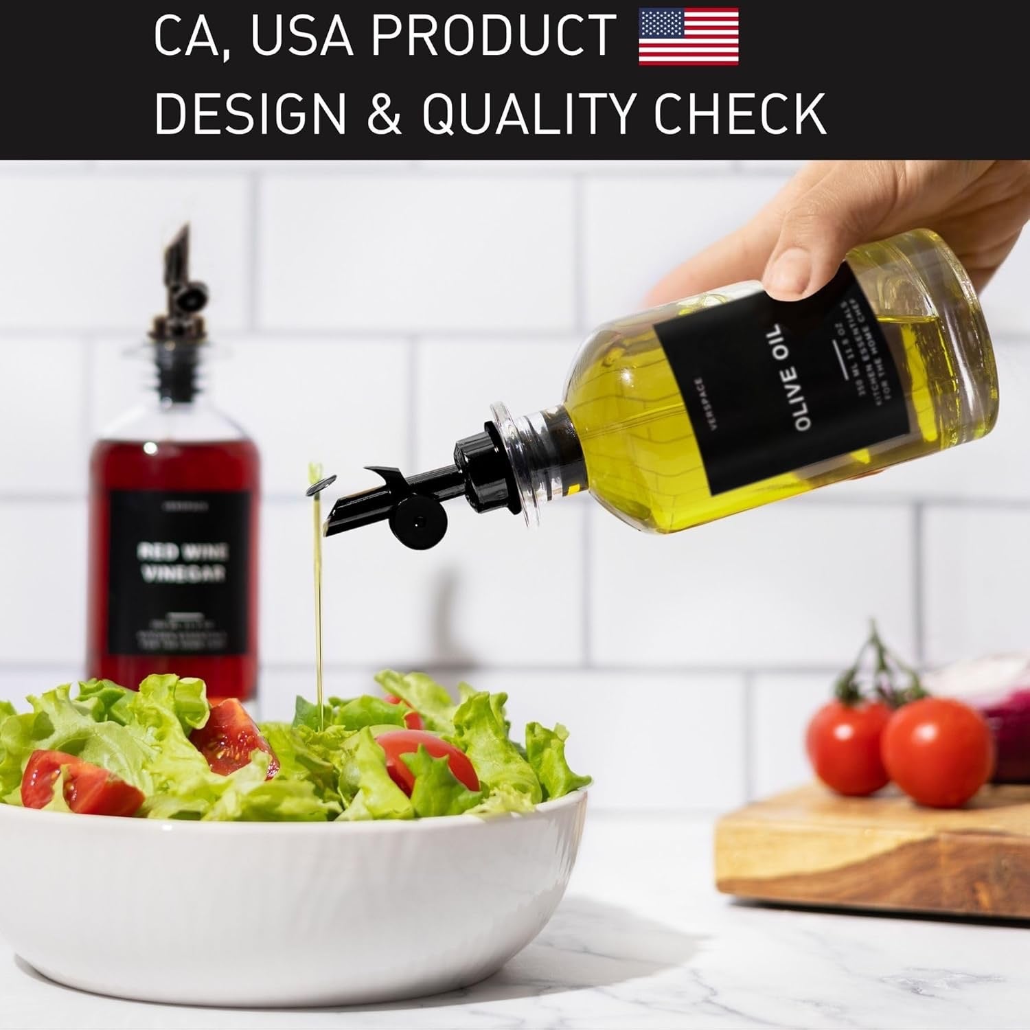 Clear Glass Olive Oil Dispenser Bottles Set of 2 | Kitchen Oil Vinegar Dispenser with Silicone Tray 40 Labels Black