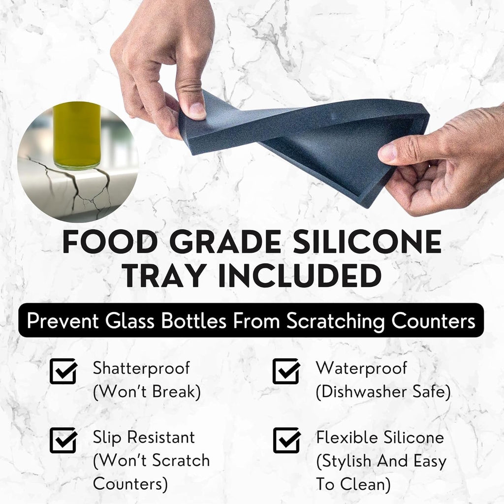 Clear Glass Olive Oil Dispenser Bottles Set of 2 | Kitchen Oil Vinegar Dispenser with Silicone Tray 40 Labels Black