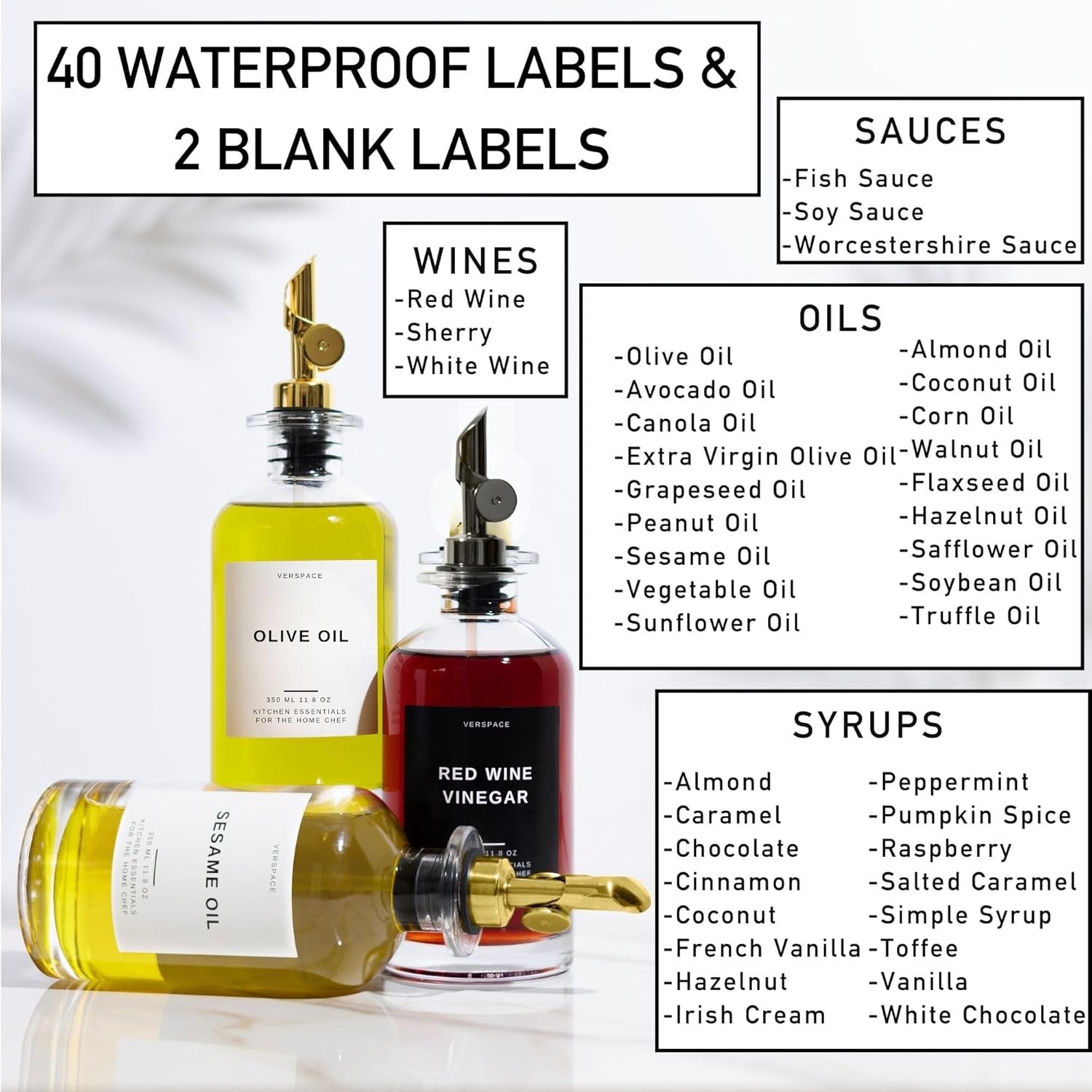 Clear Glass Olive Oil Dispenser Bottles Set of 2 | Kitchen Oil Vinegar Dispenser with Silicone Tray 40 Labels Black