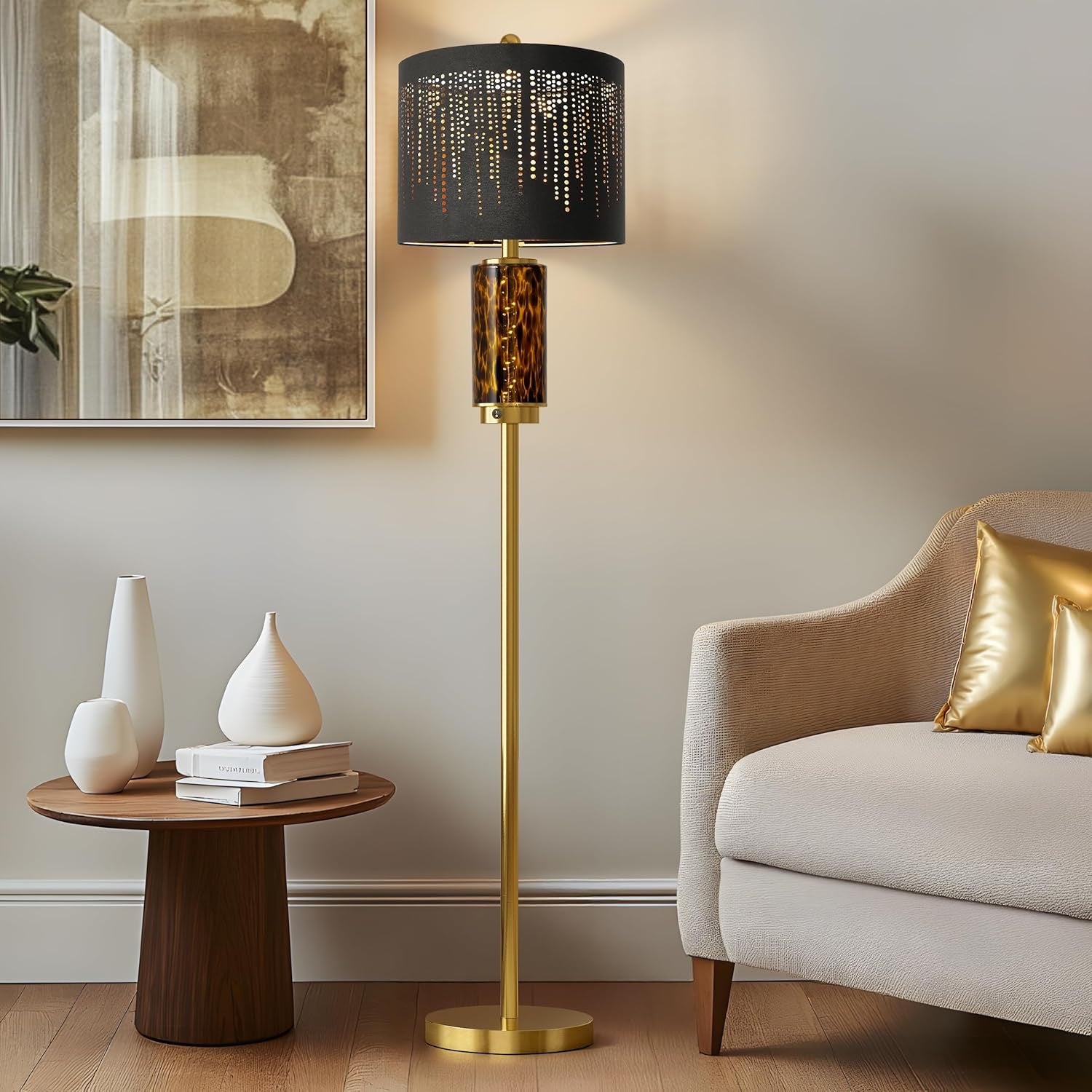 Oneach Modern Gold Floor Lamp | 63.75" Luxury Standing Lamp with Leopard Glass Accent Light
