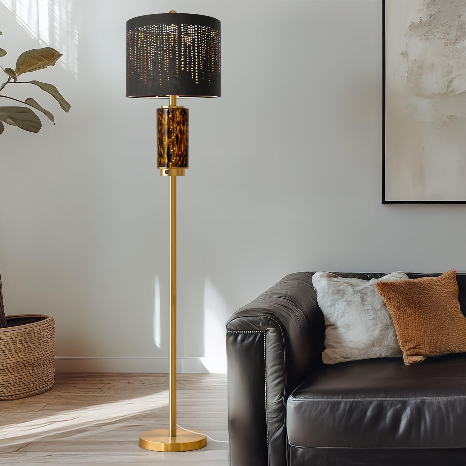 Oneach Modern Gold Floor Lamp | 63.75" Luxury Standing Lamp with Leopard Glass Accent Light