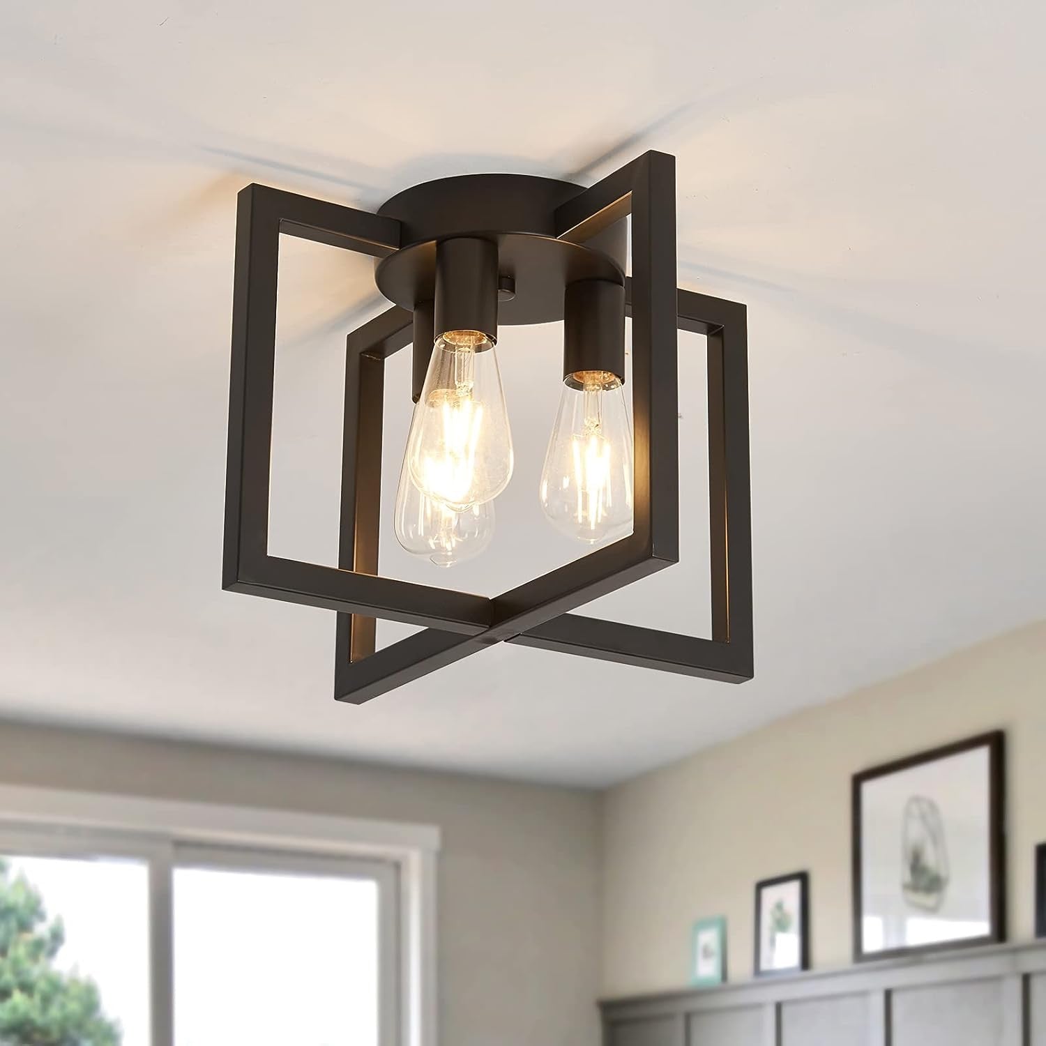 ZGLAOJT 3-Light Industrial Semi-Flush Ceiling Chandelier | Black Farmhouse Ceiling Light Fixture