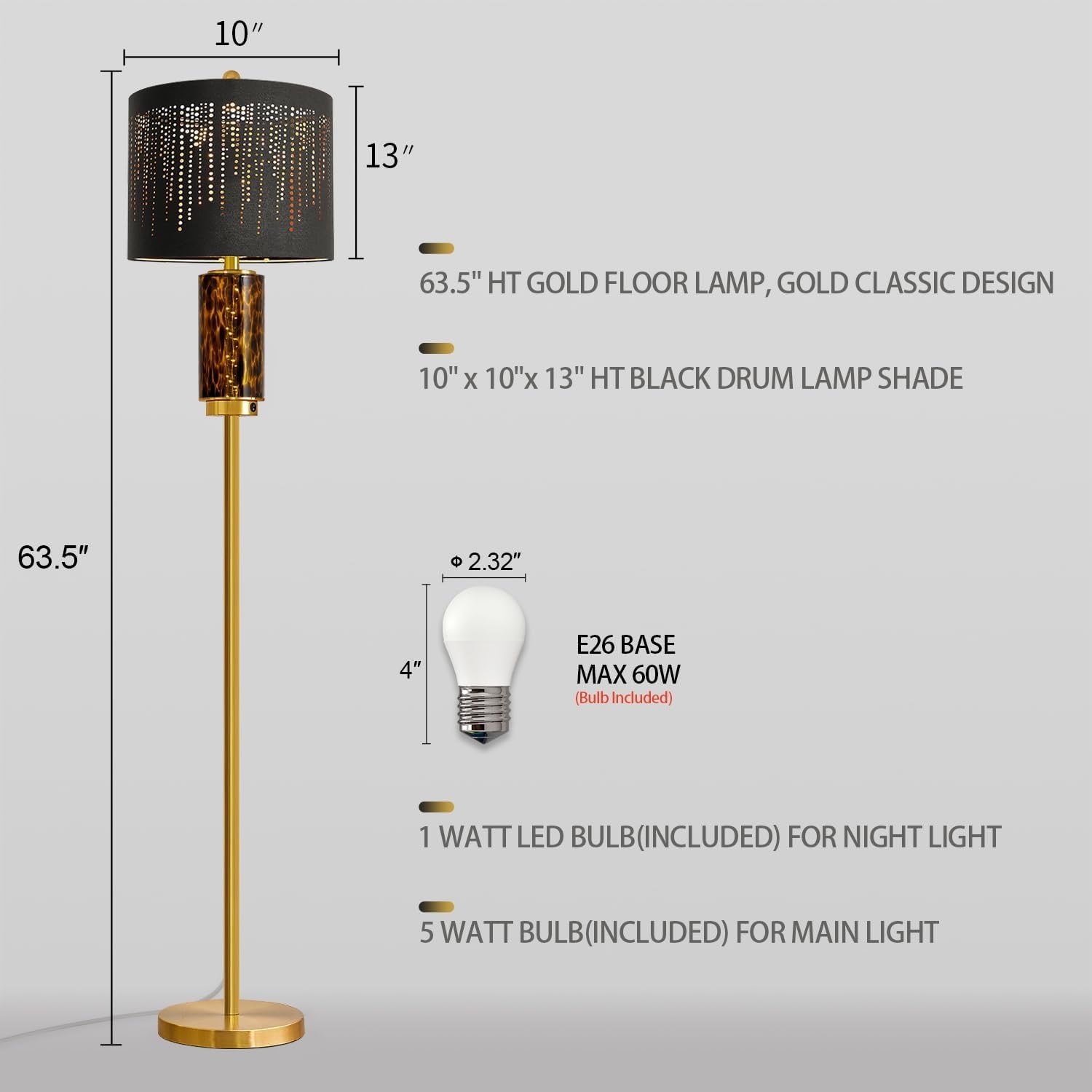 Oneach Modern Gold Floor Lamp | 63.75" Luxury Standing Lamp with Leopard Glass Accent Light