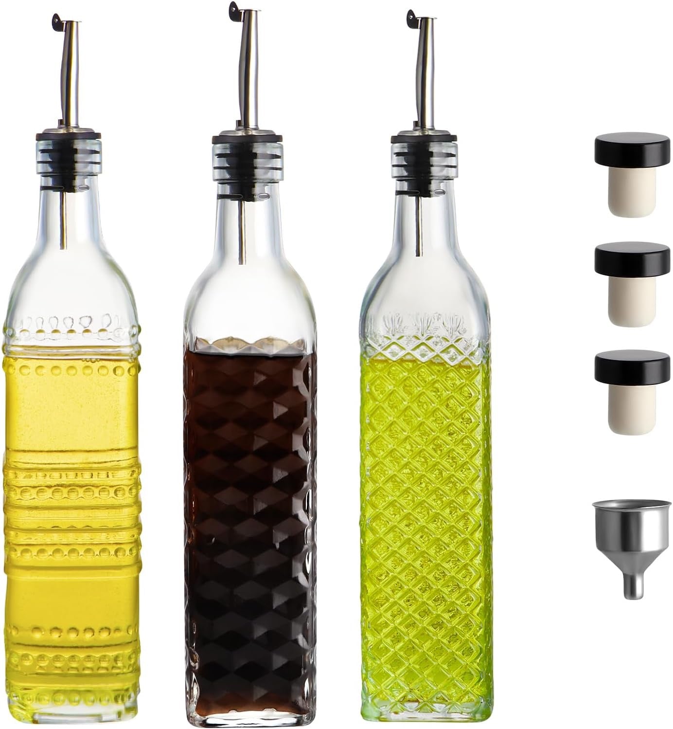 MDLUU Oil and Vinegar Dispenser Set 3 Pack 17oz | Glass Olive Oil Bottles with Pour Spouts Funnel Kitchen Decanters