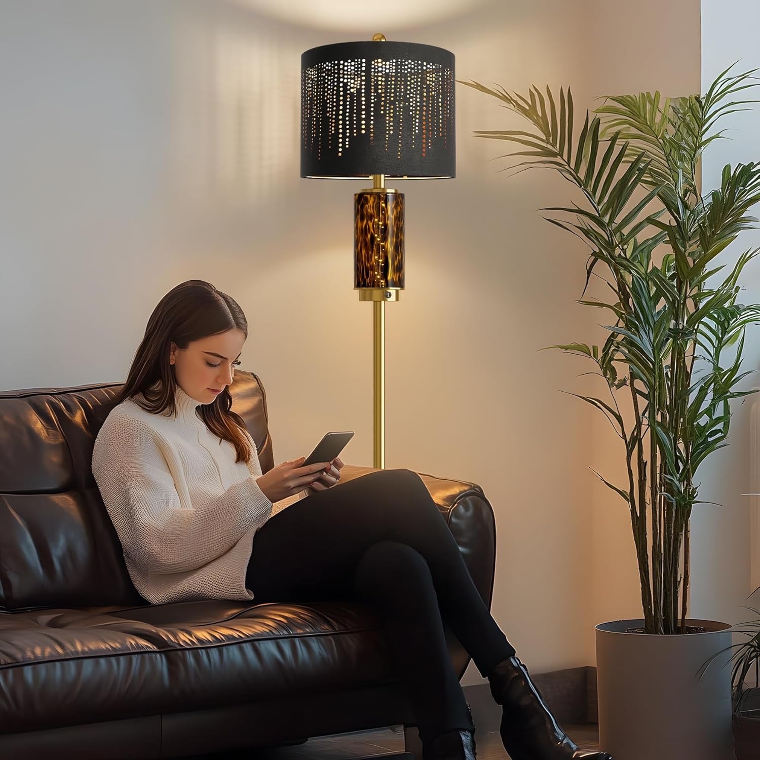 Oneach Modern Gold Floor Lamp | 63.75" Luxury Standing Lamp with Leopard Glass Accent Light