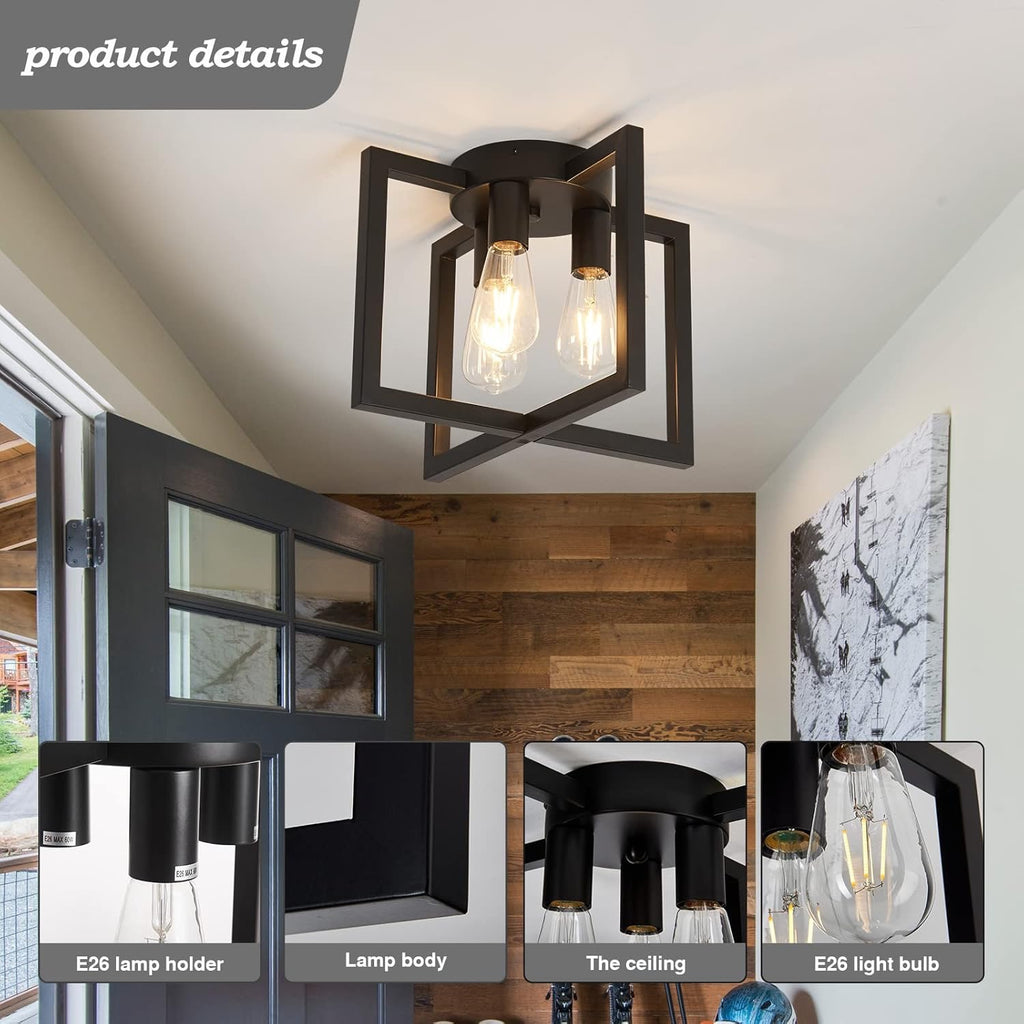ZGLAOJT 3-Light Industrial Semi-Flush Ceiling Chandelier | Black Farmhouse Ceiling Light Fixture