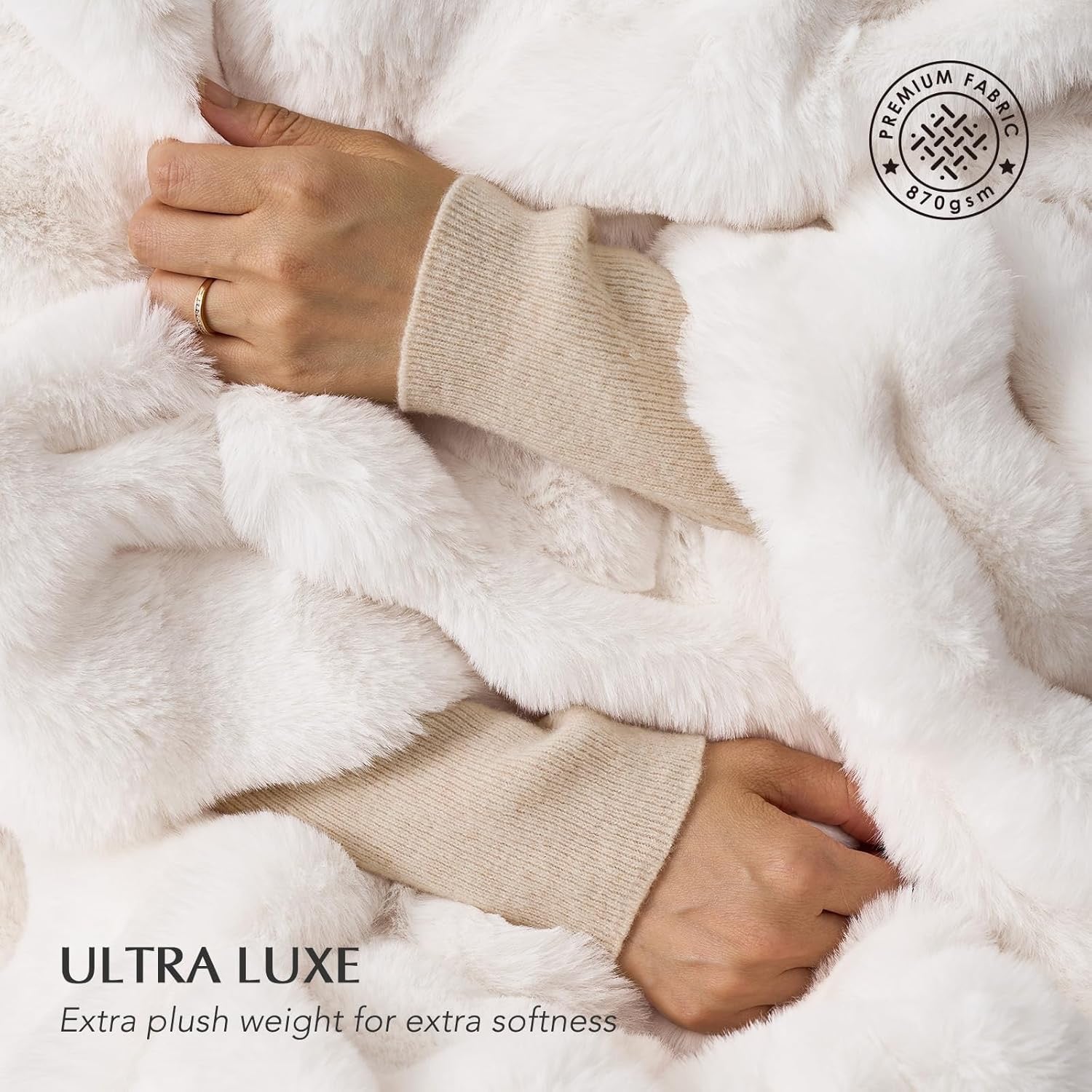 EverGrace Faux Rabbit Fur Throw Blanket | Plush Ivory White Luxury Throw 60" x 80"