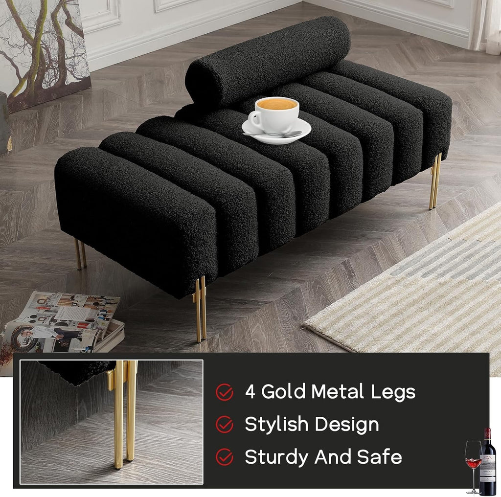 NIOIIKIT 53" Modern Teddy Loveseat | Black Upholstered Accent Sofa with Gold Legs