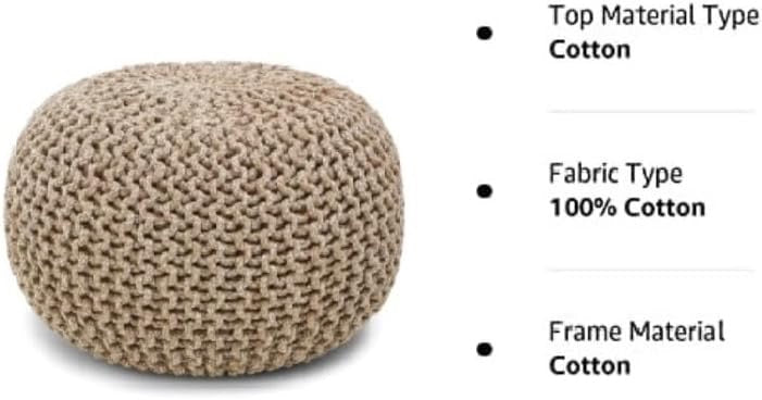 REDEARTH Hand-Knitted Cotton Pouf Ottoman | Round Cable Knit Pouffe – Beige Ivory
