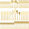 KINGSTONE Gold Hammered Silverware Set | 65-Piece 18/10 Stainless Steel Flatware with Serving Utensils (Luxury Gold Cutlery Set)