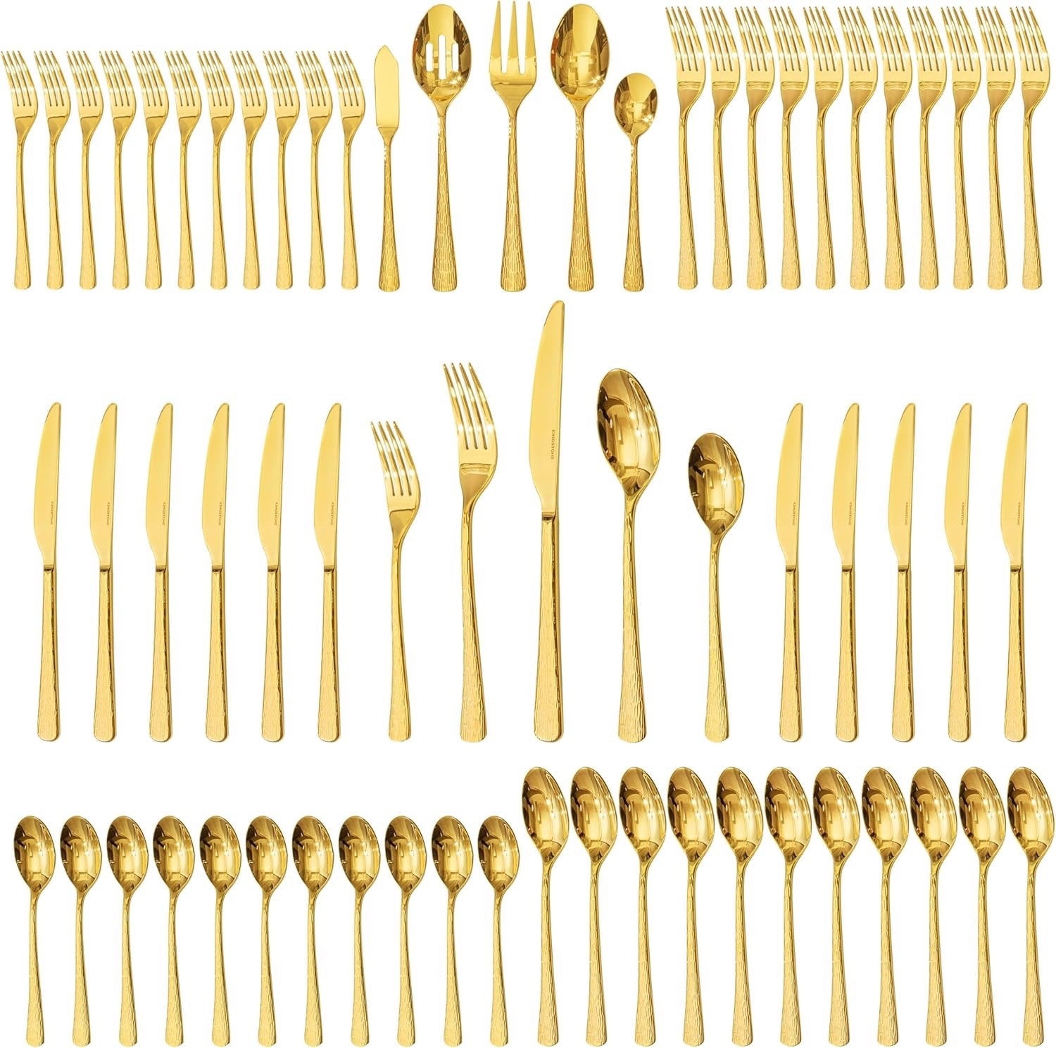 KINGSTONE Gold Hammered Silverware Set | 65-Piece 18/10 Stainless Steel Flatware with Serving Utensils (Luxury Gold Cutlery Set)