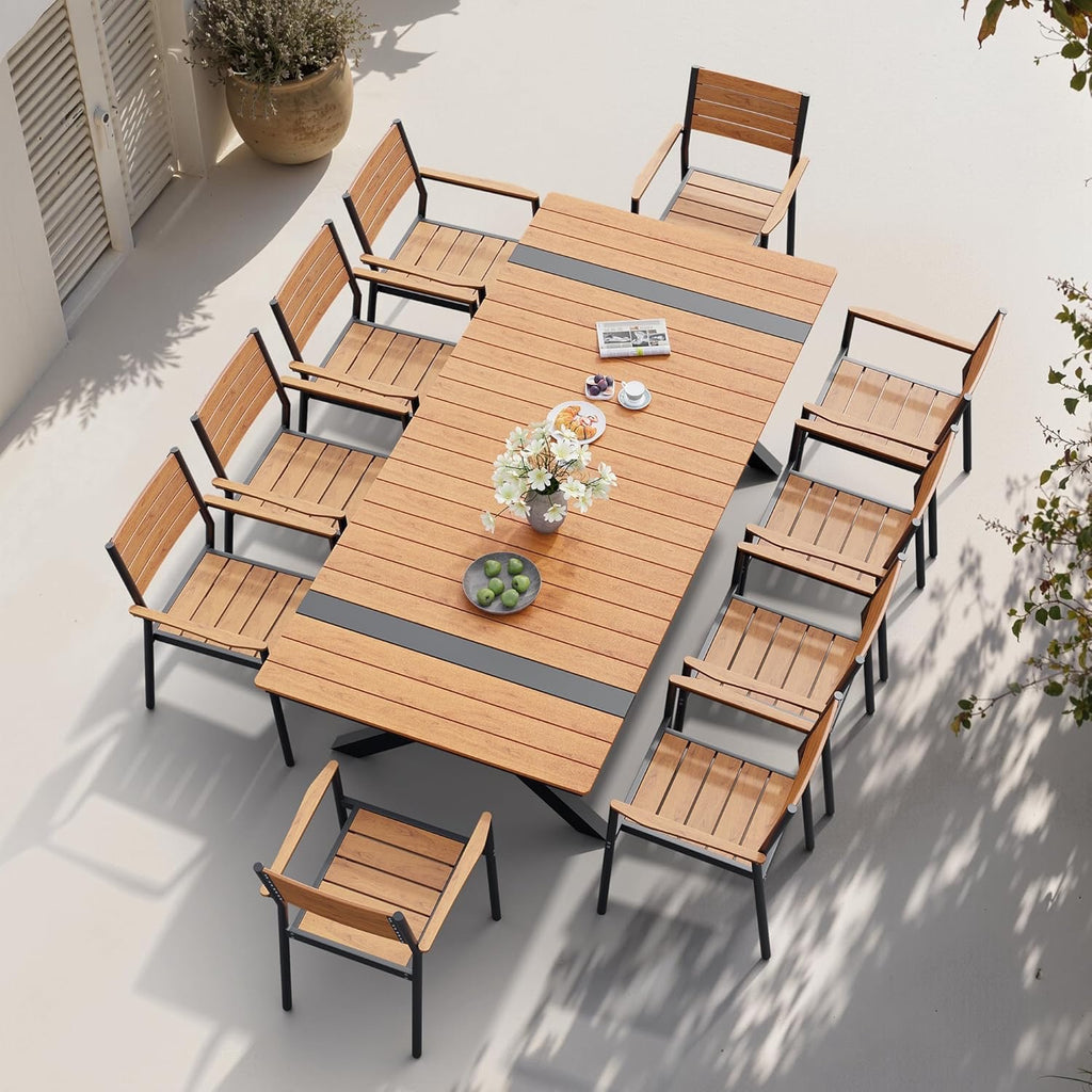 Pellebant 11-Piece Aluminum Patio Dining Set | 94” Outdoor Table with Stackable Chairs & Teak-Grain Finish