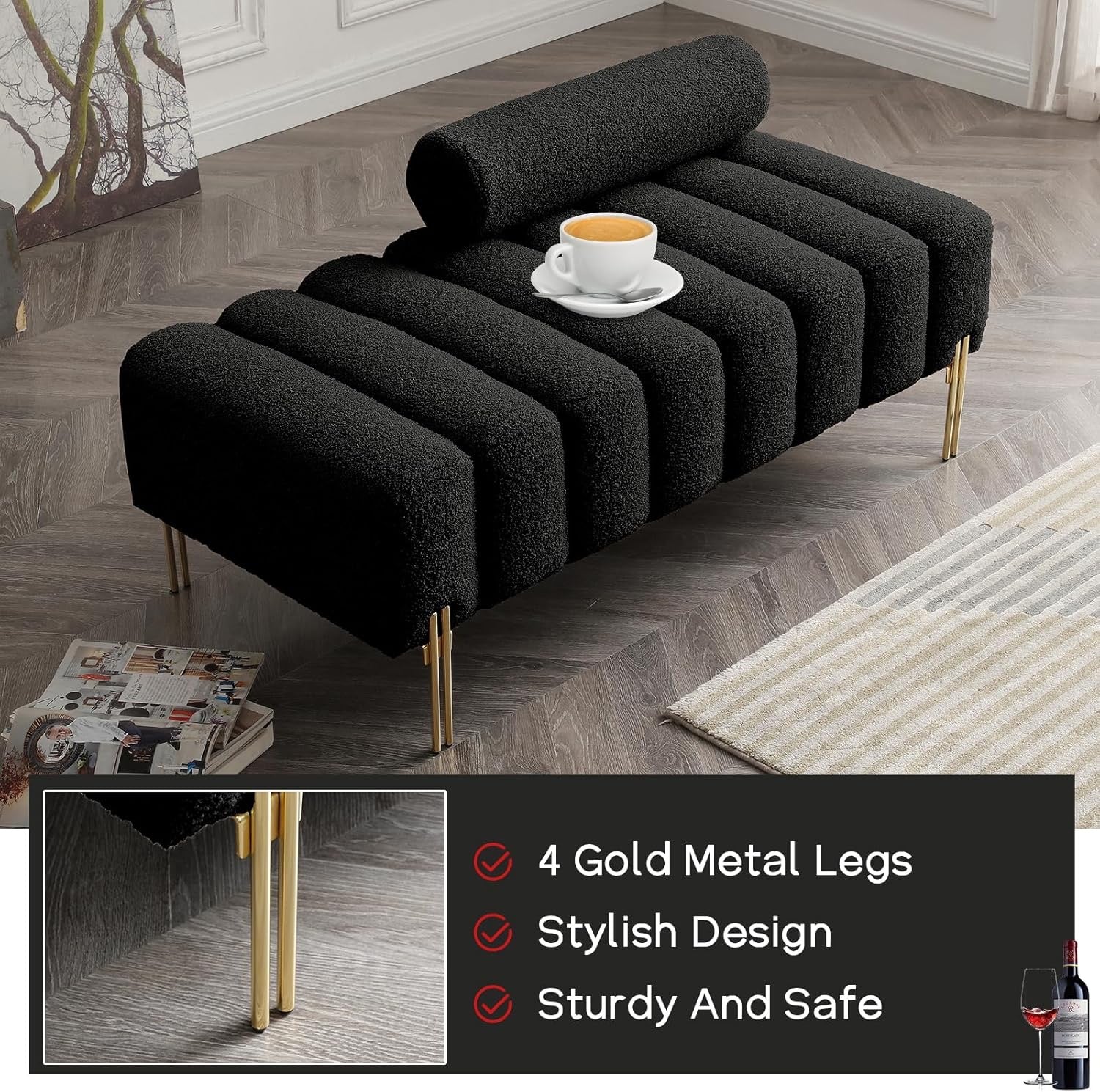 NIOIIKIT 53" Modern Teddy Loveseat | Black Upholstered Accent Sofa with Gold Legs