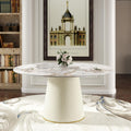 59.05" Modern Round Dining Table White Stone Top | Beige PU Base Pedestal Table for 8 | Contemporary Dining Room Statement
