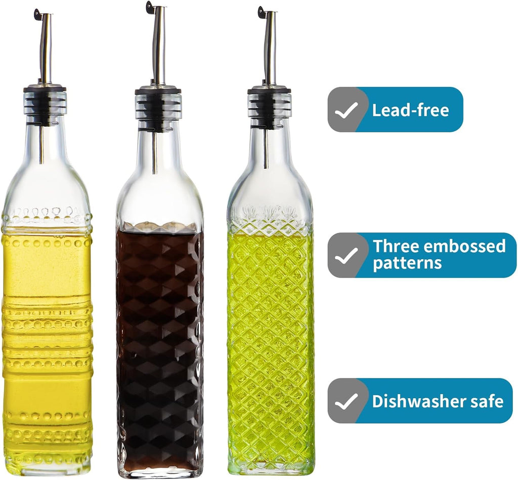 MDLUU Oil and Vinegar Dispenser Set 3 Pack 17oz | Glass Olive Oil Bottles with Pour Spouts Funnel Kitchen Decanters