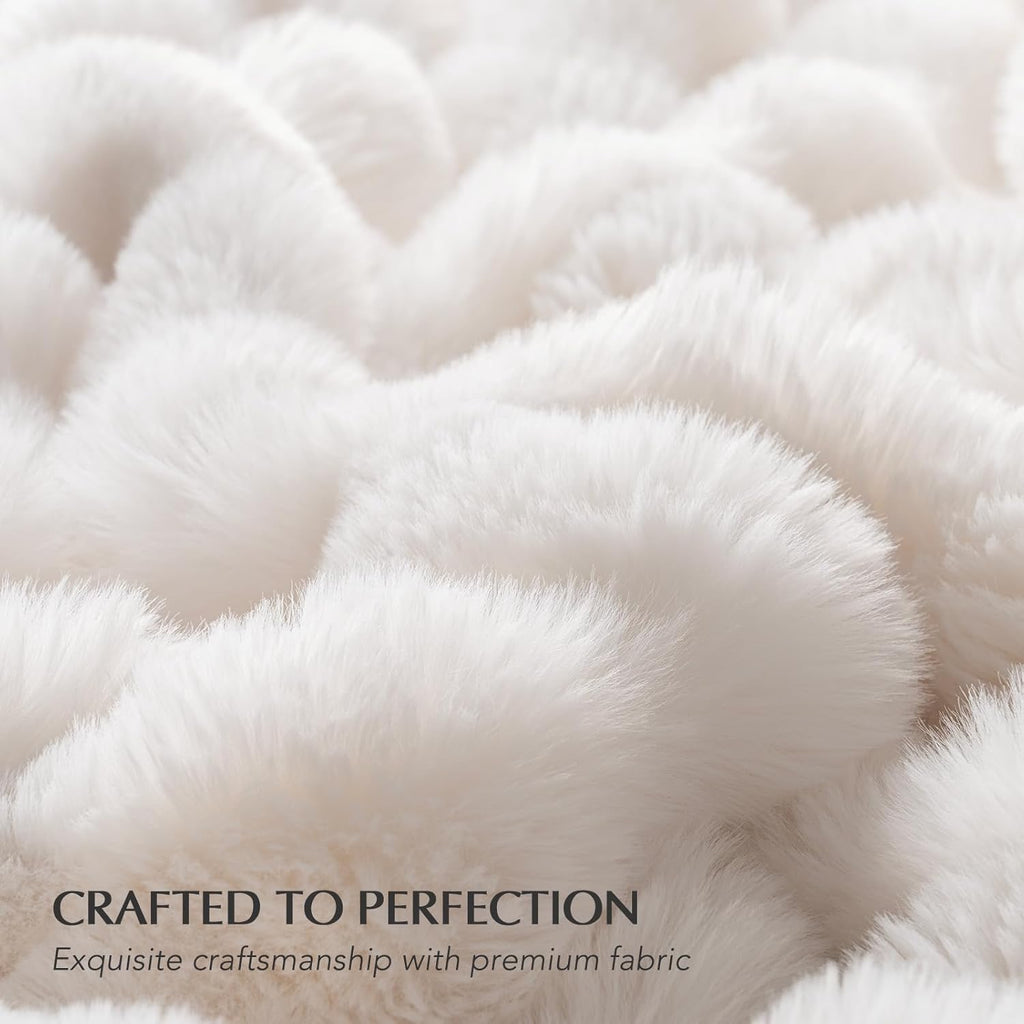EverGrace Faux Rabbit Fur Throw Blanket | Plush Ivory White Luxury Throw 60" x 80"