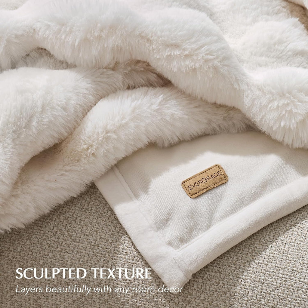 EverGrace Faux Rabbit Fur Throw Blanket | Plush Ivory White Luxury Throw 60" x 80"