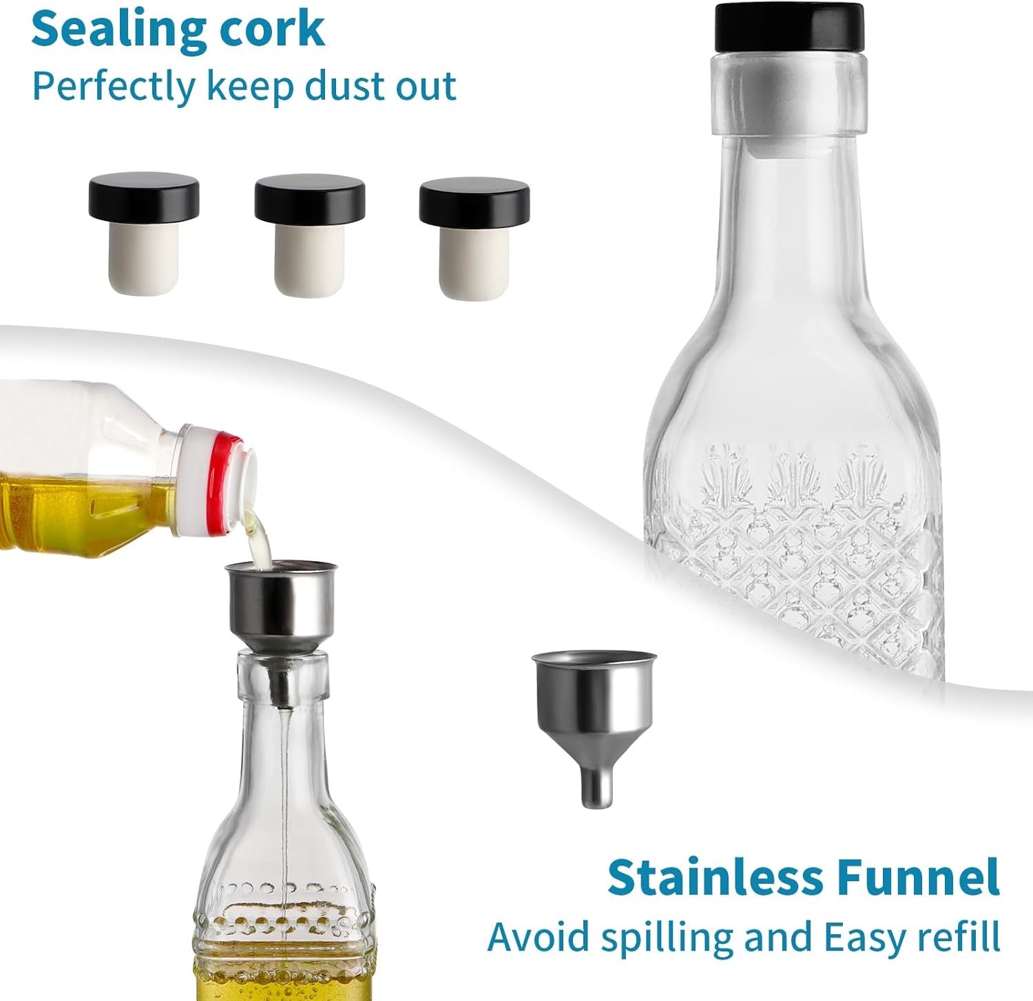 MDLUU Oil and Vinegar Dispenser Set 3 Pack 17oz | Glass Olive Oil Bottles with Pour Spouts Funnel Kitchen Decanters