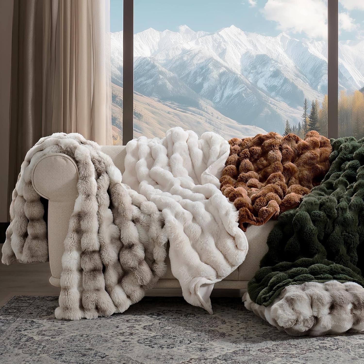 EverGrace Faux Rabbit Fur Throw Blanket | Plush Ivory White Luxury Throw 60" x 80"