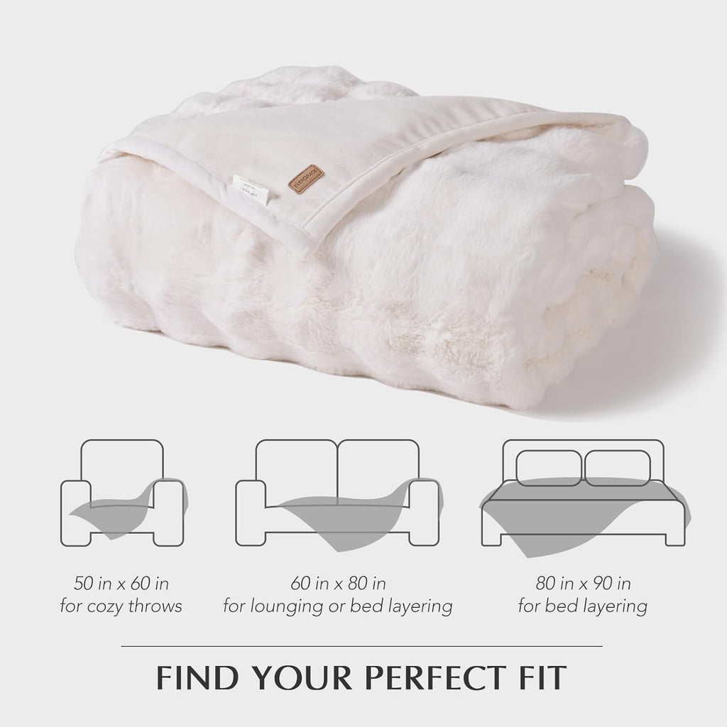 EverGrace Faux Rabbit Fur Throw Blanket | Plush Ivory White Luxury Throw 60" x 80"