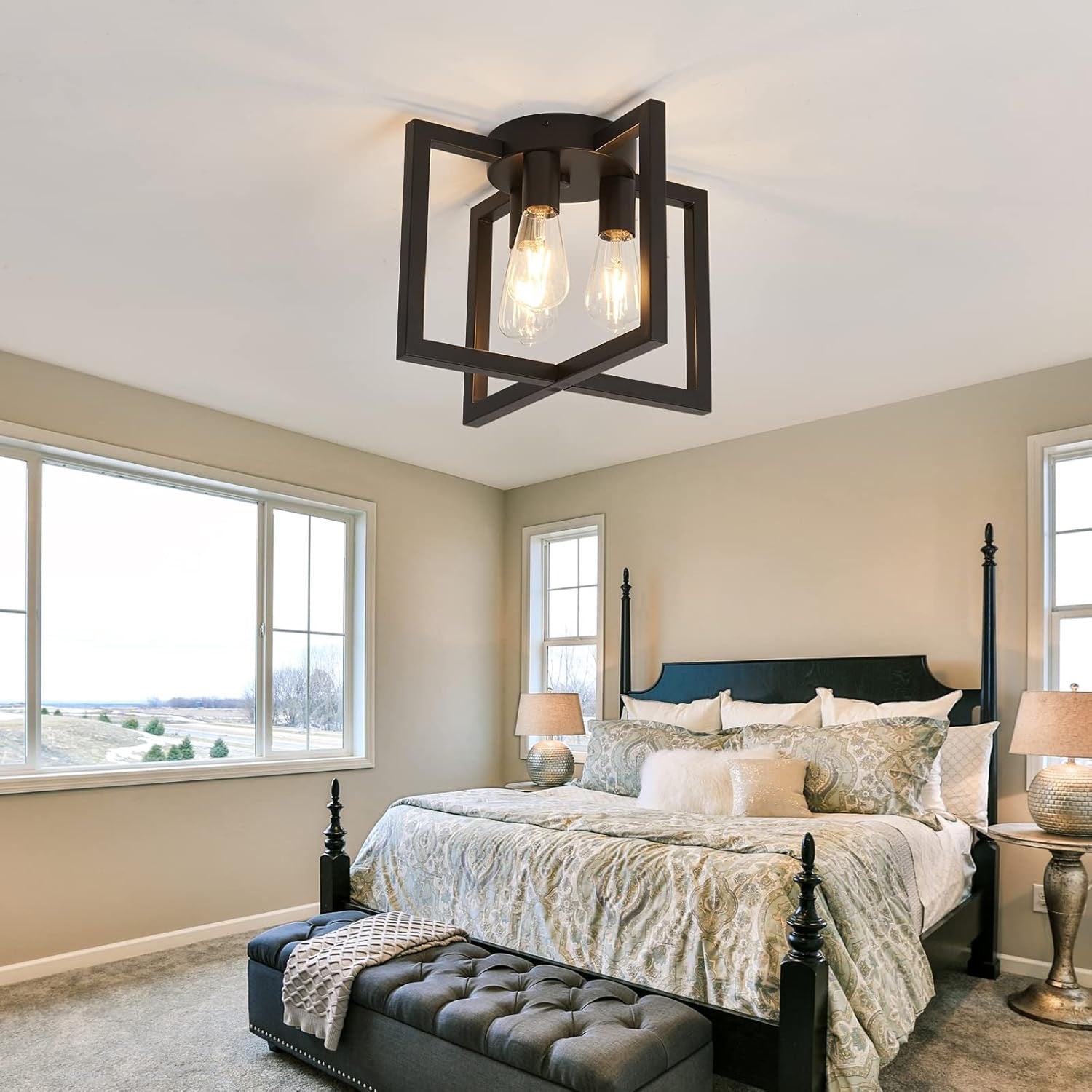 ZGLAOJT 3-Light Industrial Semi-Flush Ceiling Chandelier | Black Farmhouse Ceiling Light Fixture