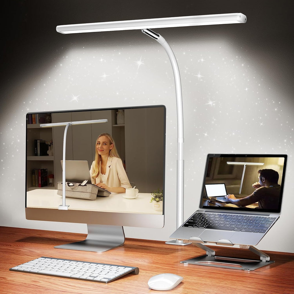 LED Desk Lamp with Clamp | Eye-Caring Gooseneck Task Light with Stepless Dimming – White
