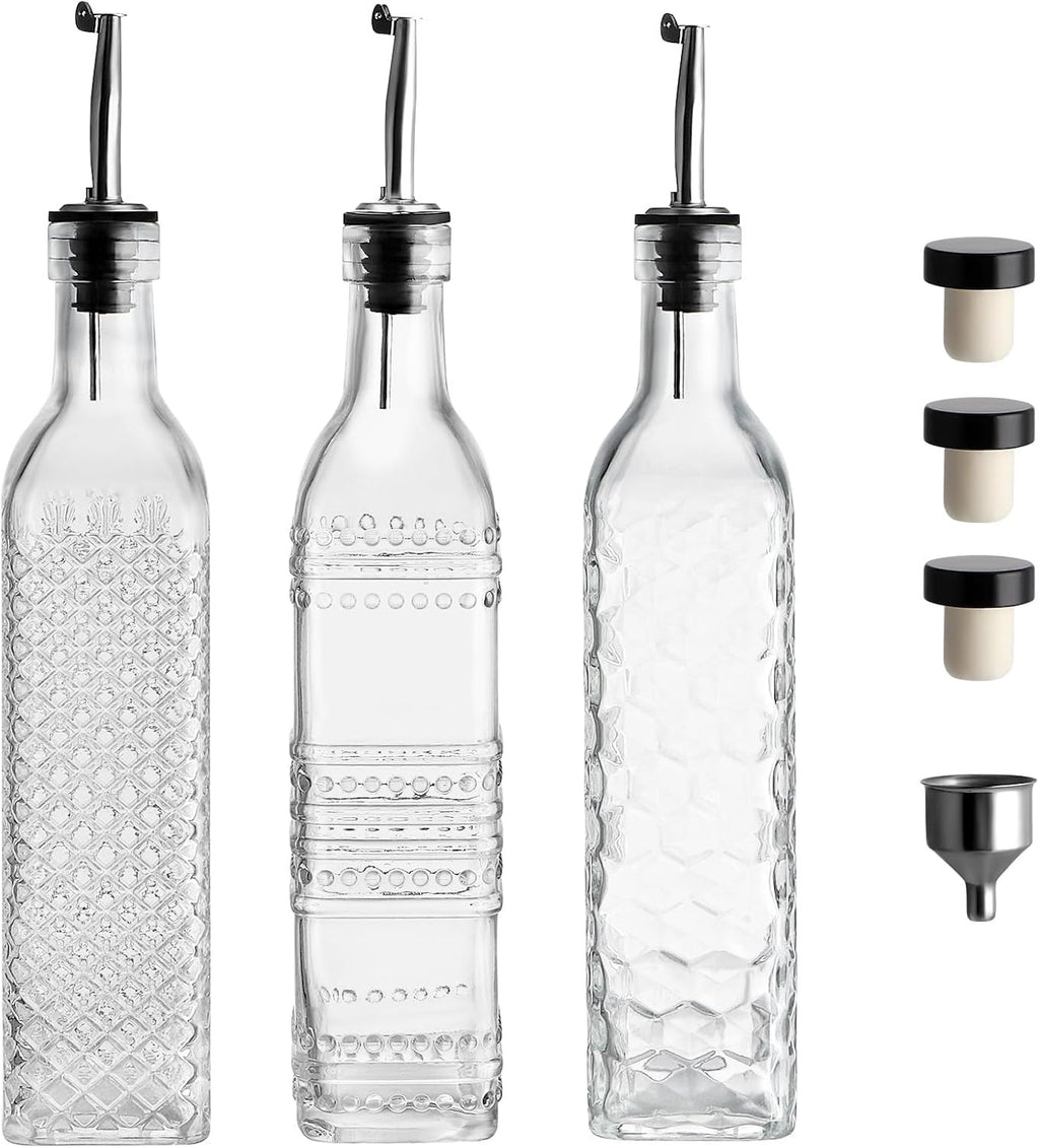 MDLUU Oil and Vinegar Dispenser Set 3 Pack 17oz | Glass Olive Oil Bottles with Pour Spouts Funnel Kitchen Decanters