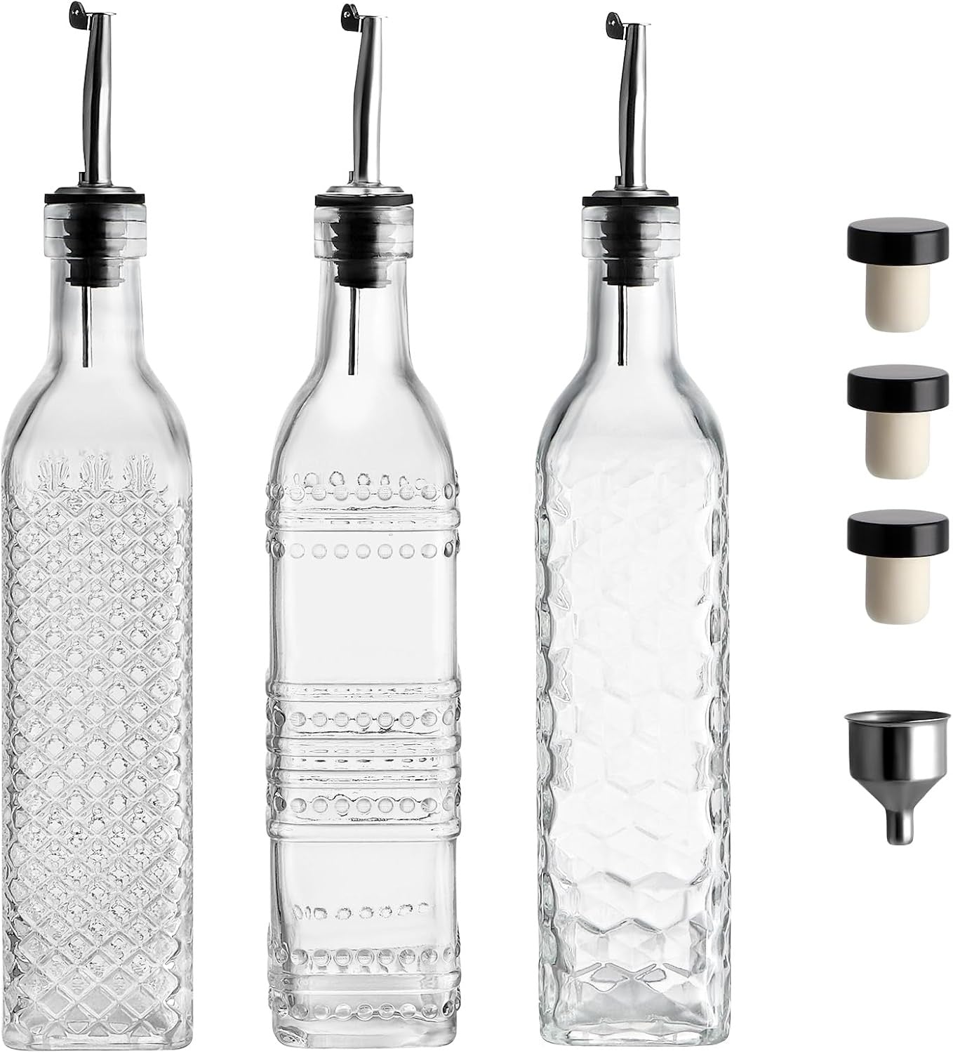 MDLUU Oil and Vinegar Dispenser Set 3 Pack 17oz | Glass Olive Oil Bottles with Pour Spouts Funnel Kitchen Decanters