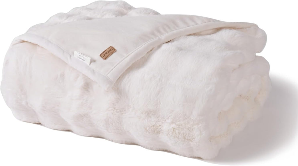 EverGrace Faux Rabbit Fur Throw Blanket | Plush Ivory White Luxury Throw 60" x 80"