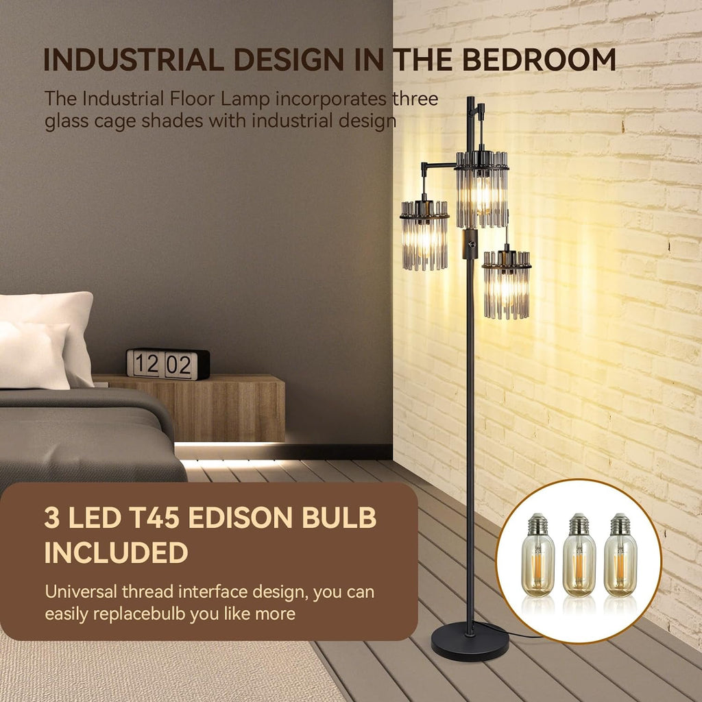 Industrial Modern Tree Floor Lamp | 3-Light Teardrop Cage Standing Lamp with Dimmable LED Bulbs