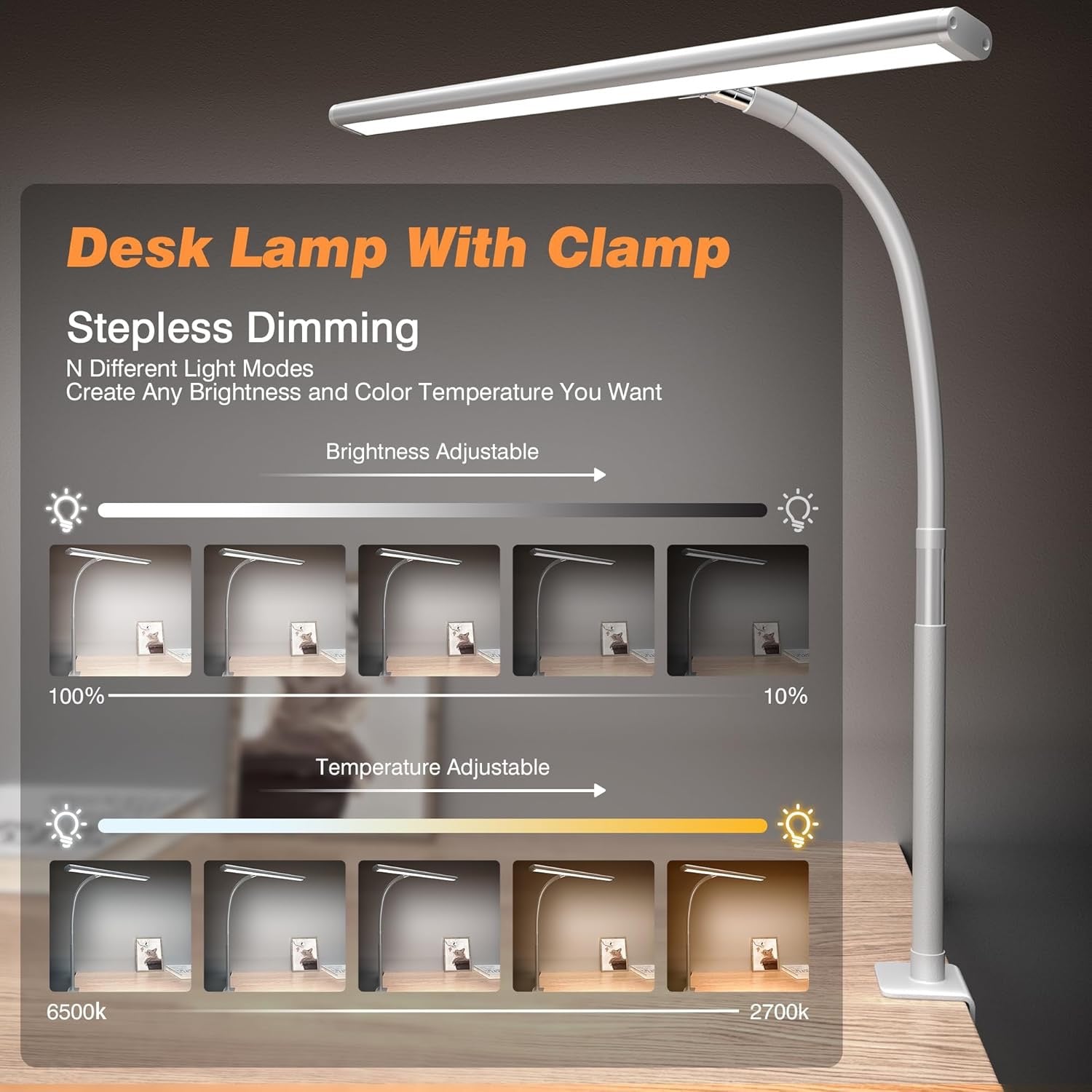 LED Desk Lamp with Clamp | Eye-Caring Gooseneck Task Light with Stepless Dimming – White