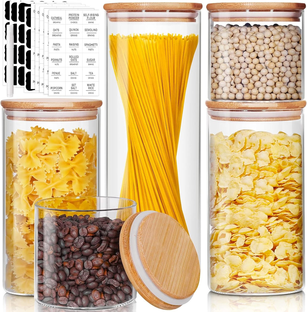 Glass Jars with Bamboo Lids Set of 5 | Airtight Glass Canisters for Pantry Storage Coffee Flour Sugar Rice