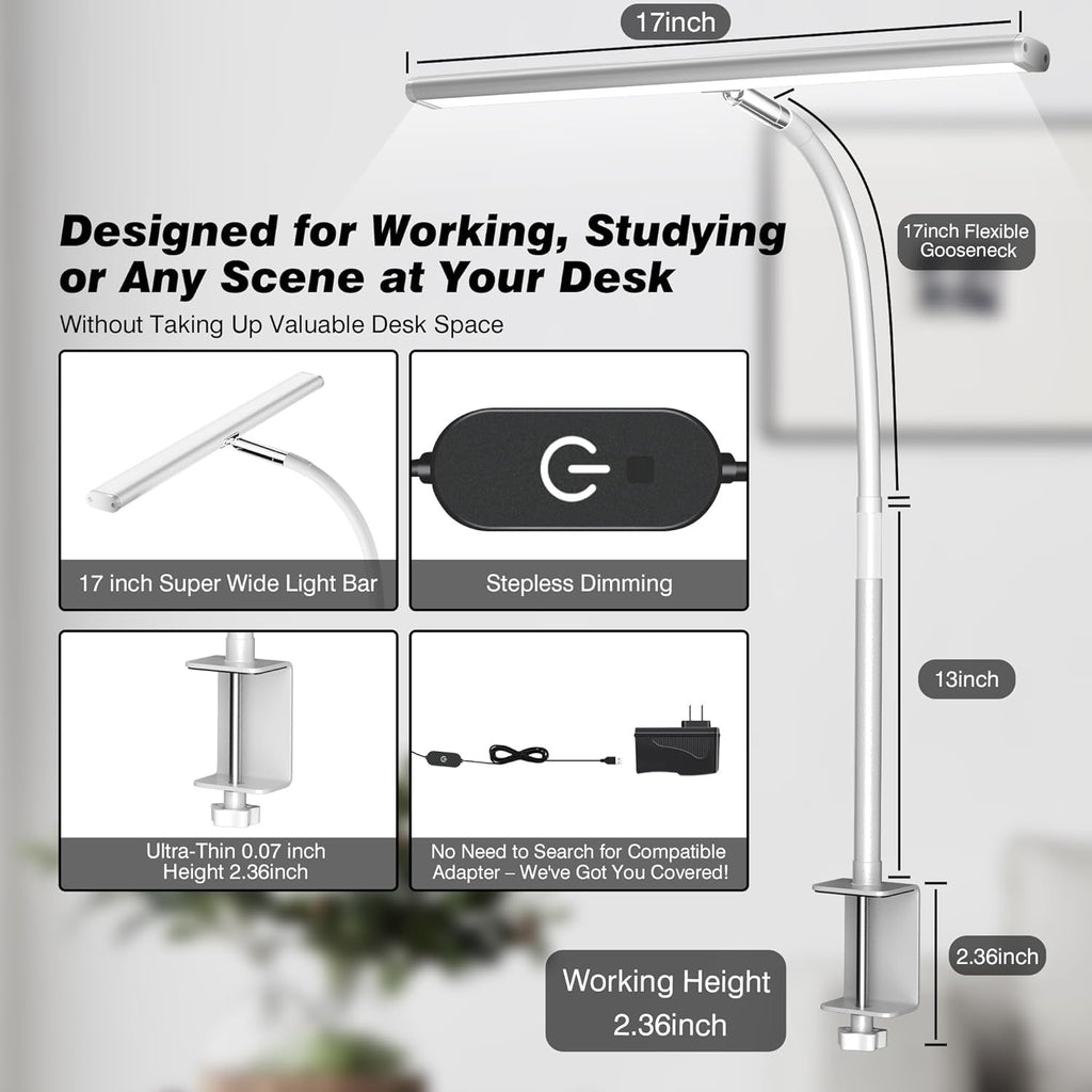 LED Desk Lamp with Clamp | Eye-Caring Gooseneck Task Light with Stepless Dimming – White