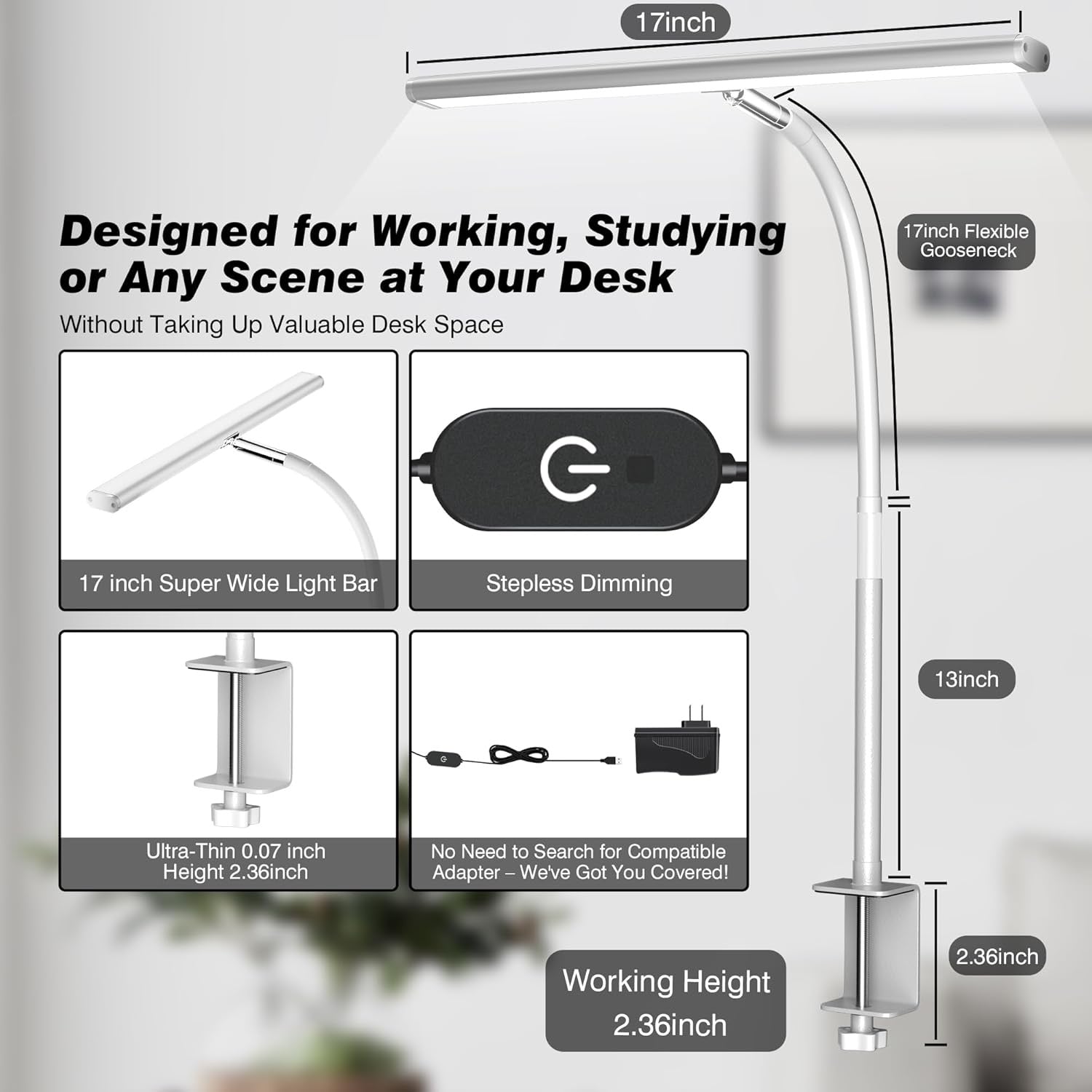 LED Desk Lamp with Clamp | Eye-Caring Gooseneck Task Light with Stepless Dimming – White