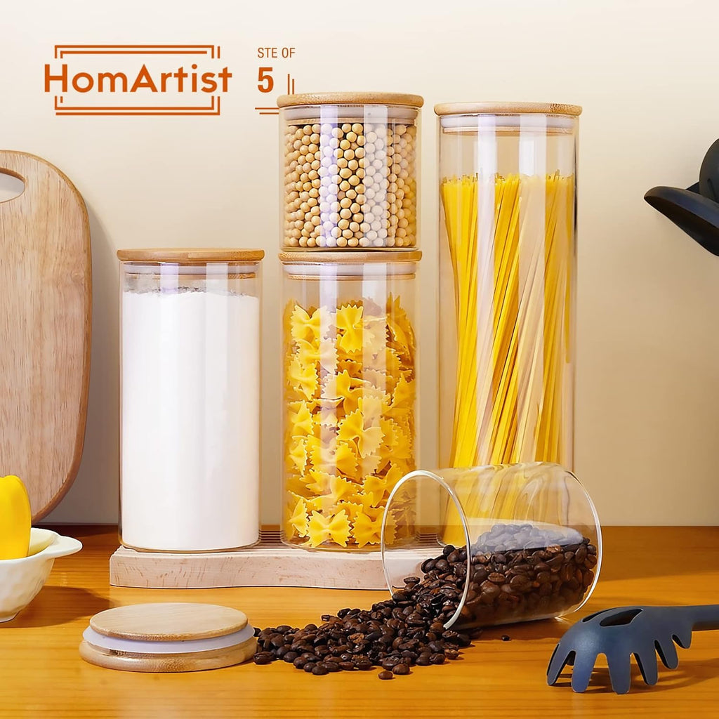 Glass Jars with Bamboo Lids Set of 5 | Airtight Glass Canisters for Pantry Storage Coffee Flour Sugar Rice