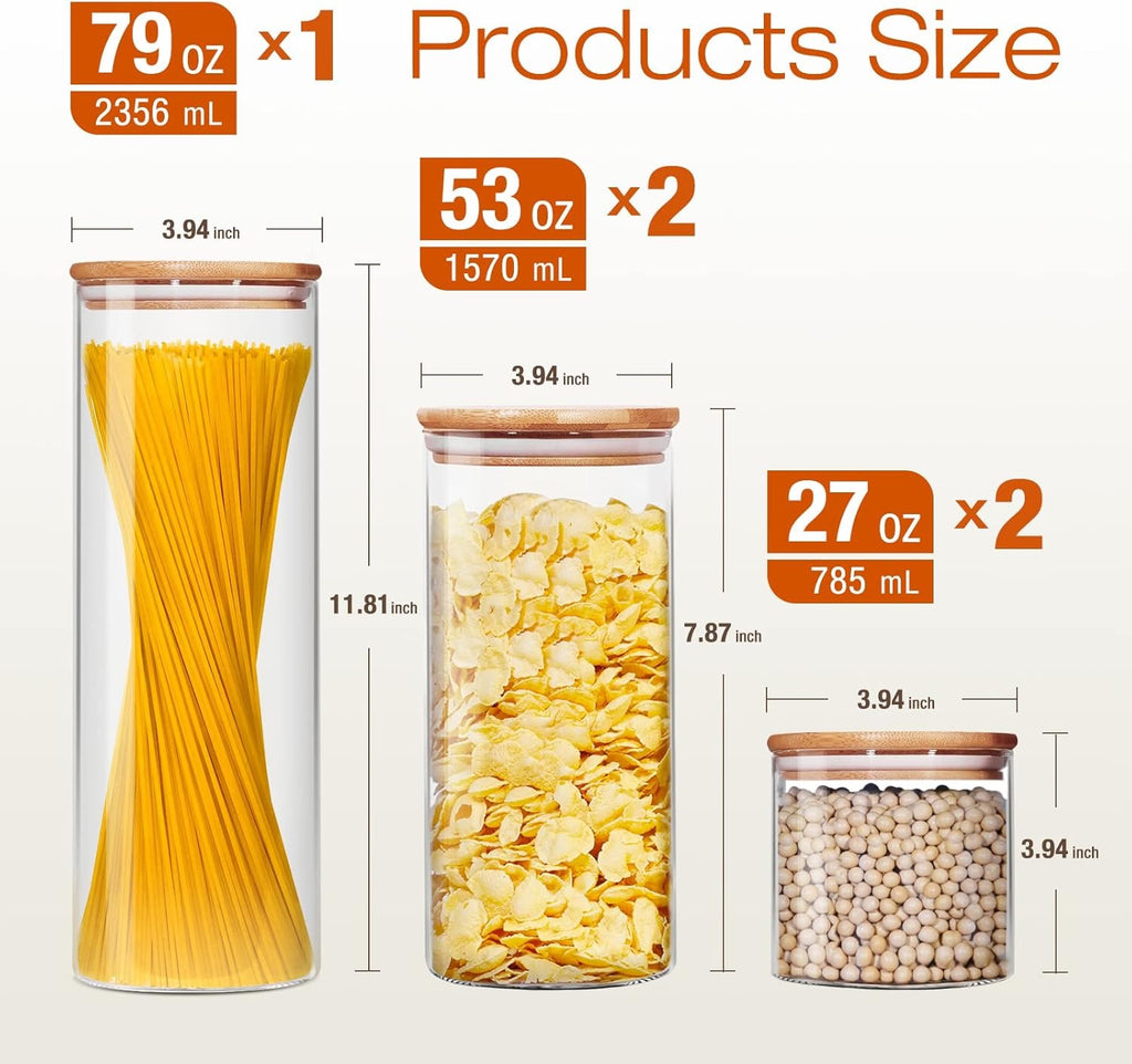 Glass Jars with Bamboo Lids Set of 5 | Airtight Glass Canisters for Pantry Storage Coffee Flour Sugar Rice