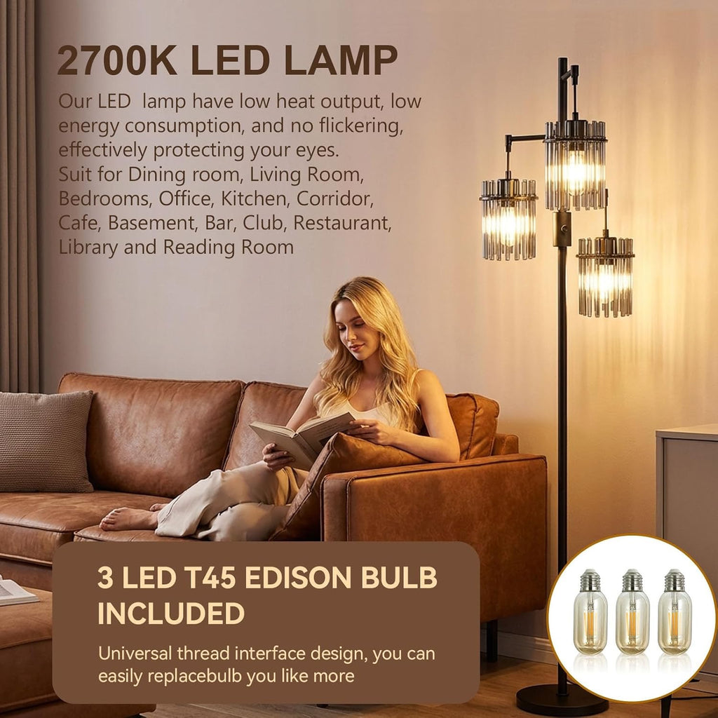 Industrial Modern Tree Floor Lamp | 3-Light Teardrop Cage Standing Lamp with Dimmable LED Bulbs