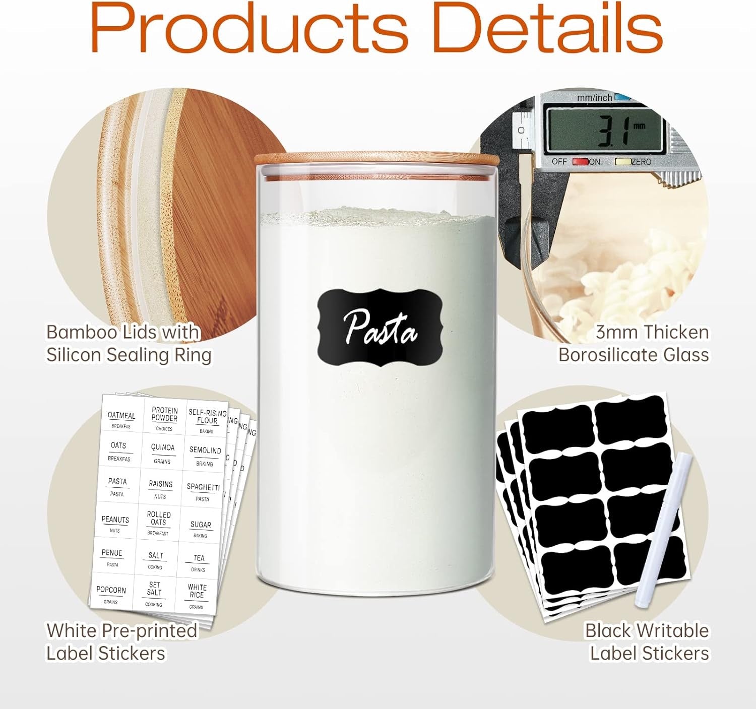 Glass Jars with Bamboo Lids Set of 5 | Airtight Glass Canisters for Pantry Storage Coffee Flour Sugar Rice