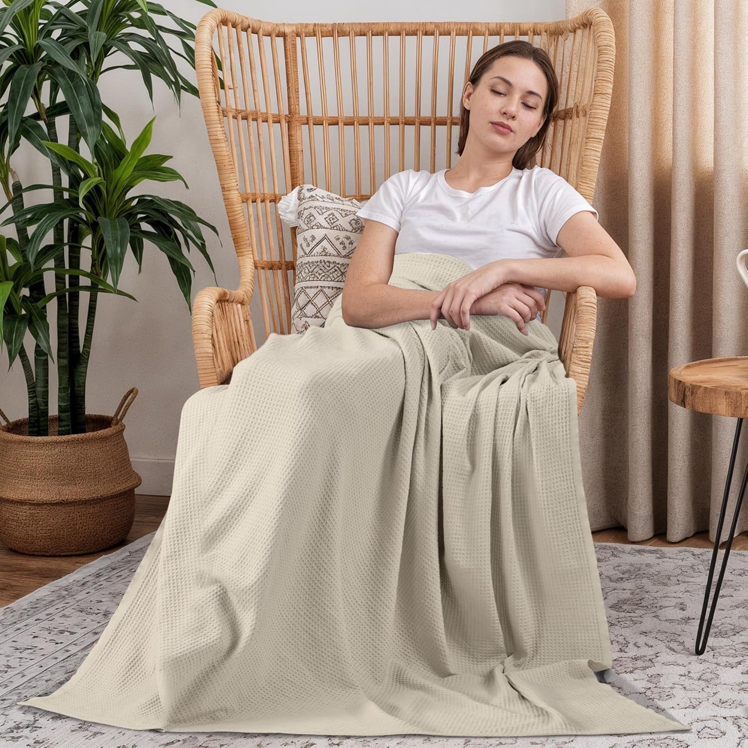 Utopia Bedding Waffle Weave Blanket – Queen Size | Lightweight Breathable Cotton Blend Throw (Khaki)
