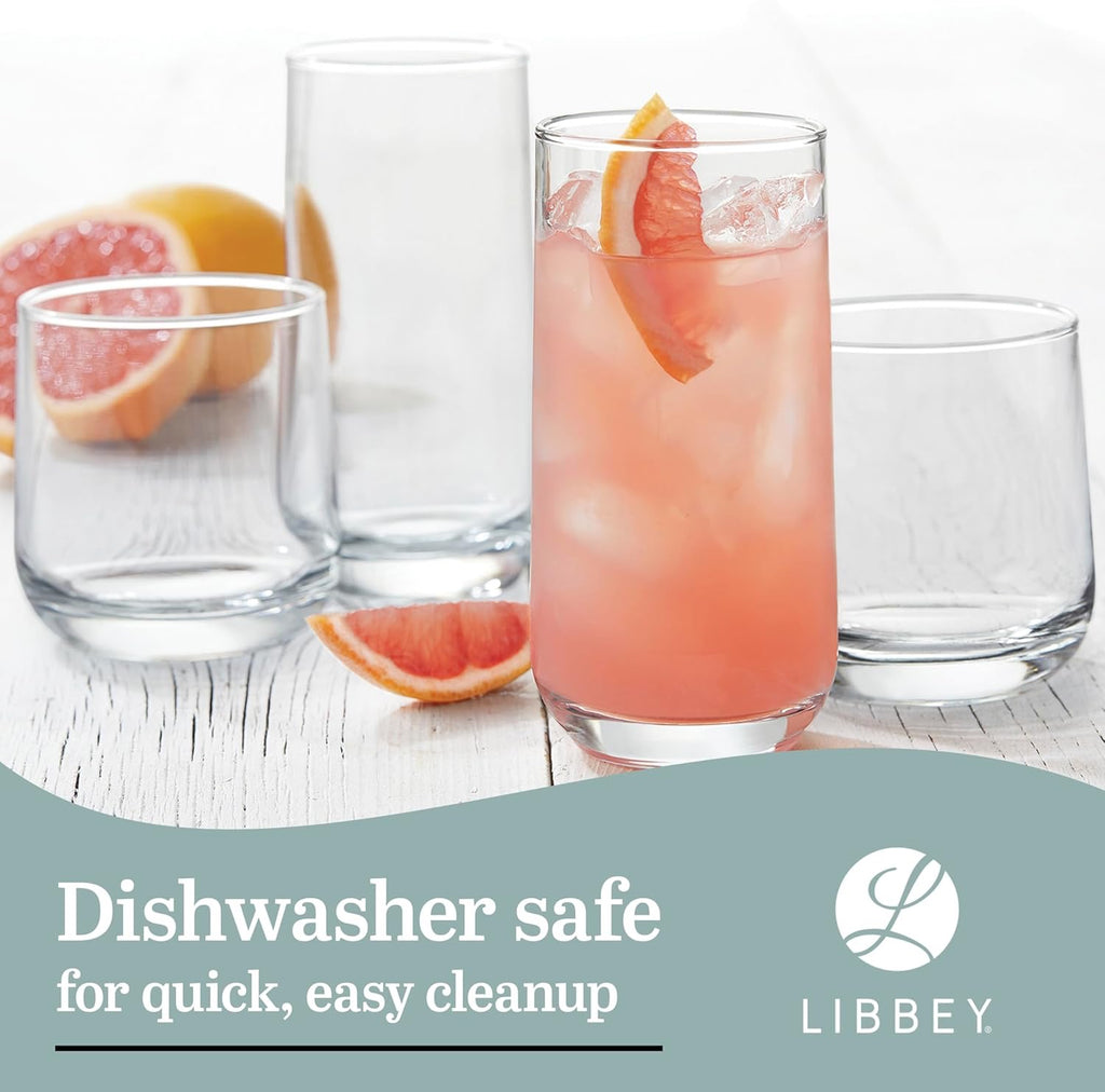 Libbey Ascent 16-Piece Drinking Glass Set | Tumbler & Rocks Glasses with Curved Modern Design (Versatile Everyday Glassware Set)