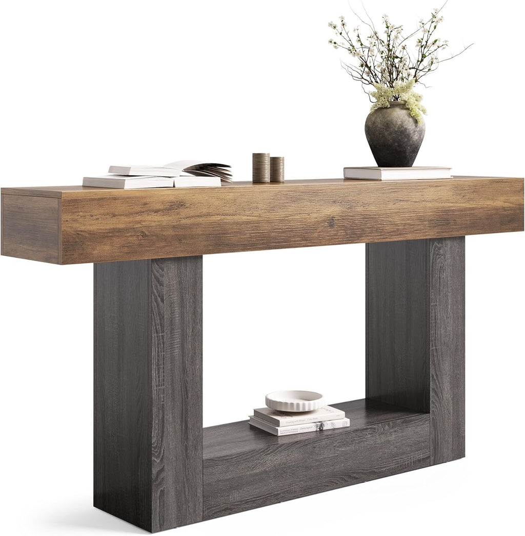LITTLE TREE 63” Farmhouse Console Table | 2-Tier Wooden Sofa Table for Entryway & Living Room (Rustic Brown & Grey)
